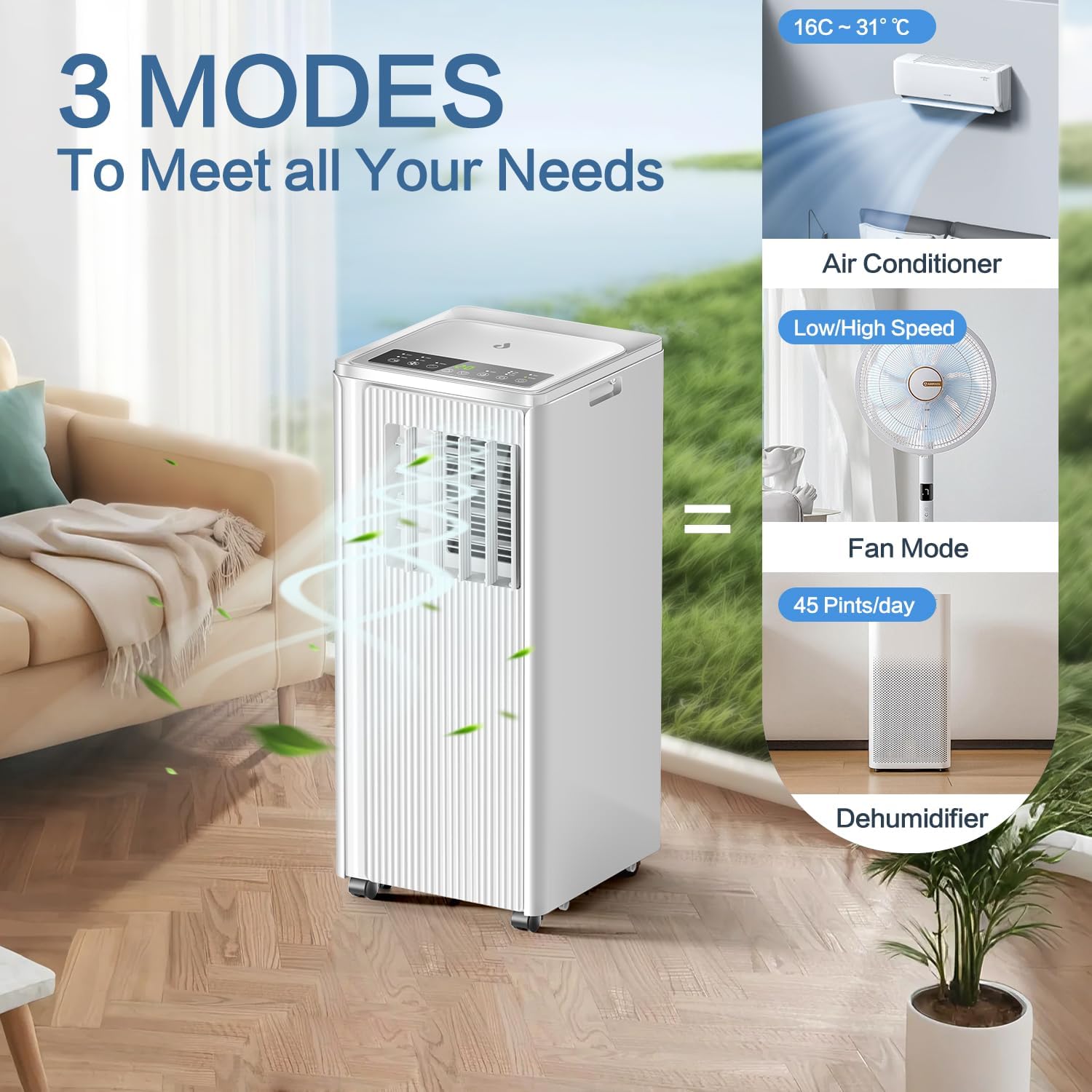 Illustration of the 3 modes: Air Conditioner, Fan Mode, and Dehumidifier, with the portable AC unit in a living room setting.