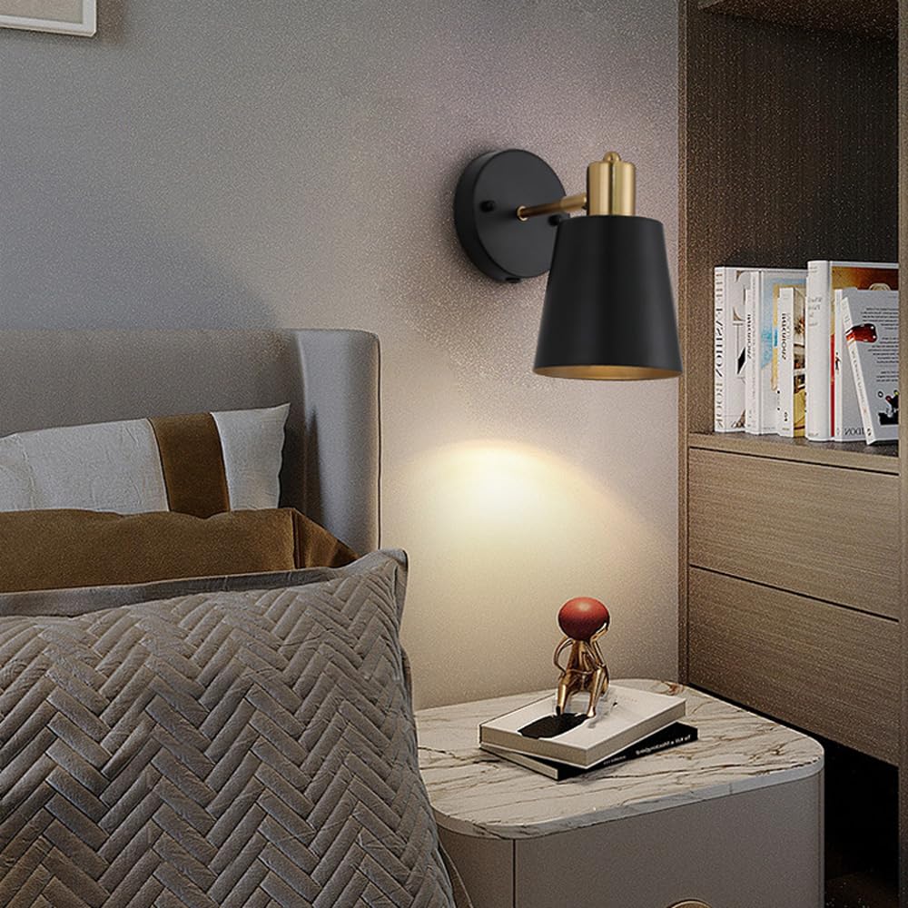 Applique da parete in stile Mid-Century Modern, set da 2, a batteria, senza fili, con telecomando, lampadina LED ricaricabile, lampada wireless per camera da letto, testiera del letto, soggiorno, ner