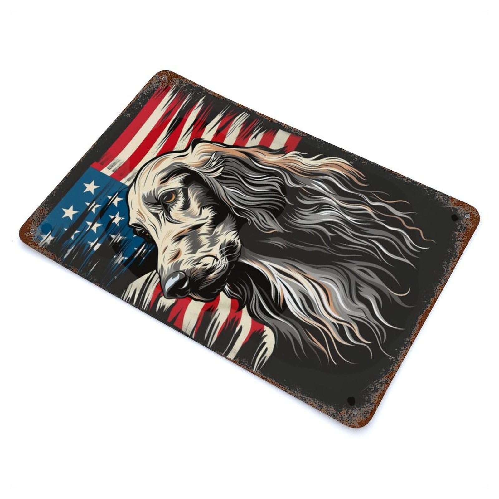 Rust Effect Afghan Hound American Flag Rusty Metal Tin Sign 11.8"x7.9", Farmhouse Wall Decor for Shed, Workshop And Garage Wall Decor