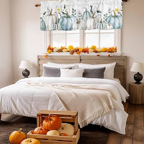 Miniatura 3 de Cortina de cenefas de otoño con diseño de calabaza azul, para Acción de Gracias, cortinas de cocina con hojas y plantas, decoración de ventana para