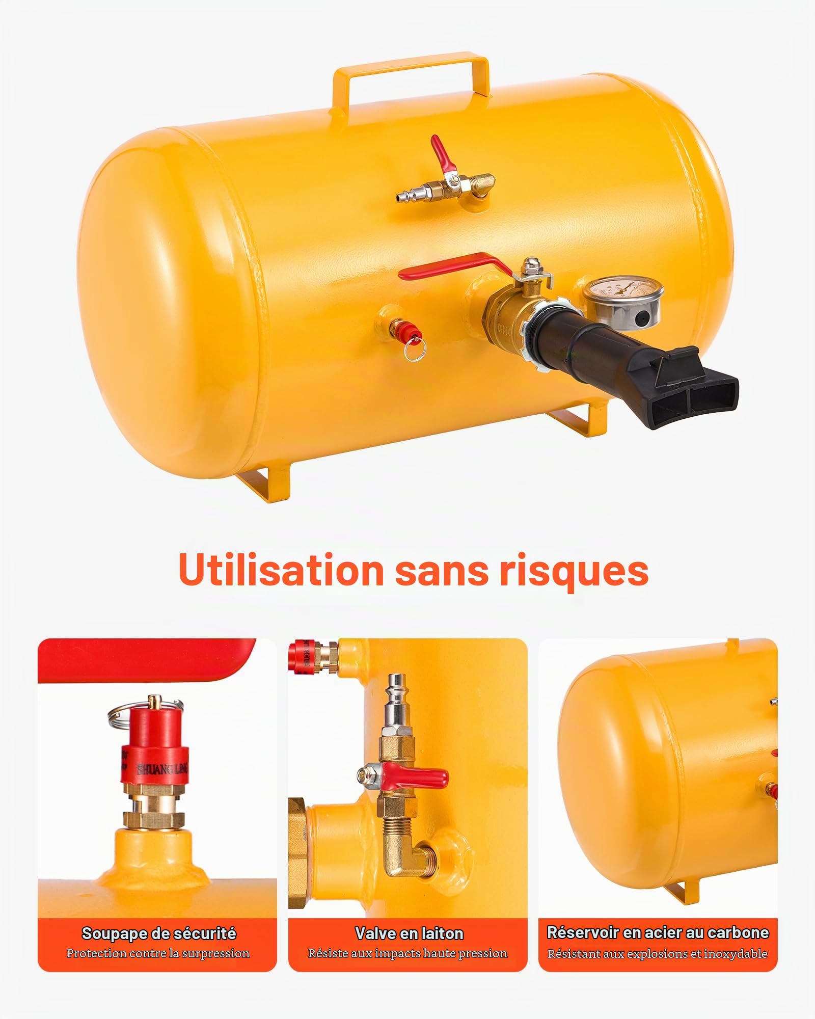 VEVOR Canon à Air 37,9 L, Booster de Pneu avec Pression de Service 0,6-0,8 MPa, Gonfleur Pneumatique de Pneu pour Pick-up, Camion, VTT, Jeep, Fourgonnette, Tracteur Tondeuse, Camping-Car, Jaune