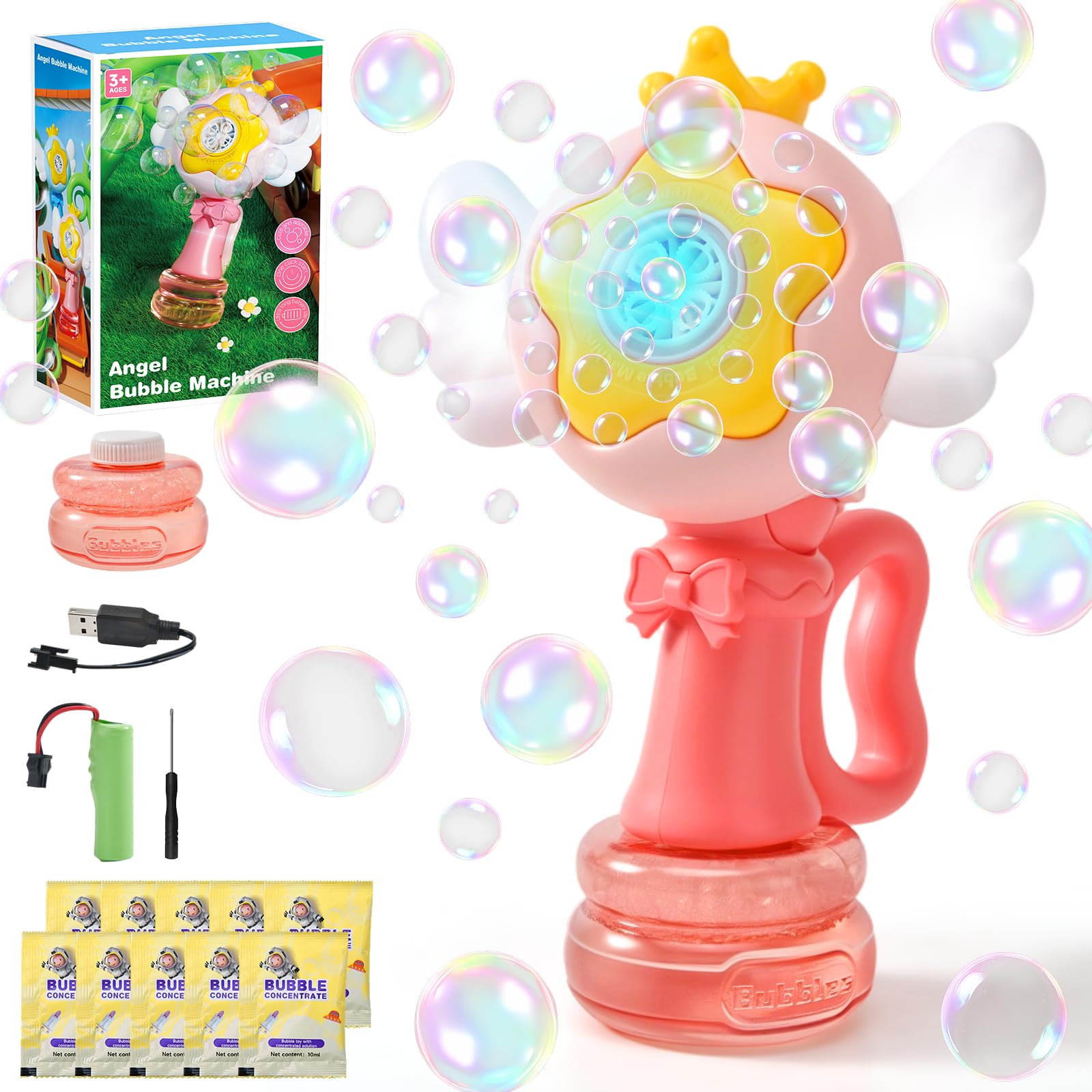 Bubble Machine for Kids, Rechargeable Angel Bubble Maker with Wings & Swinging Head, 3 Modes Automatic Light Up Bubble Blower Toys for Babies, Children & Girls, Bubble Gun Party Favors