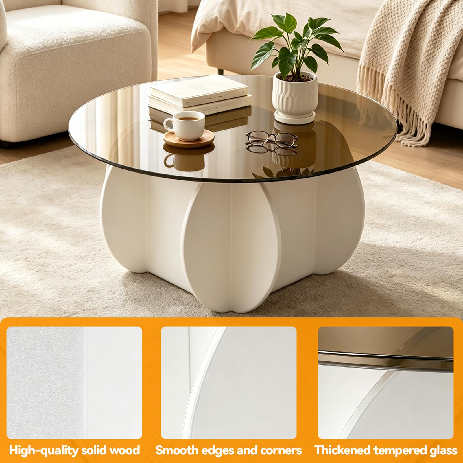 Table Basse Ronde 80 cm, Plateau en Verre Trempé 8 mm, Table Basse Moderne avec Pieds en Bois Effet Noyer, Table de Salon Mid-Century pour Salon, Bureau (Blanc)