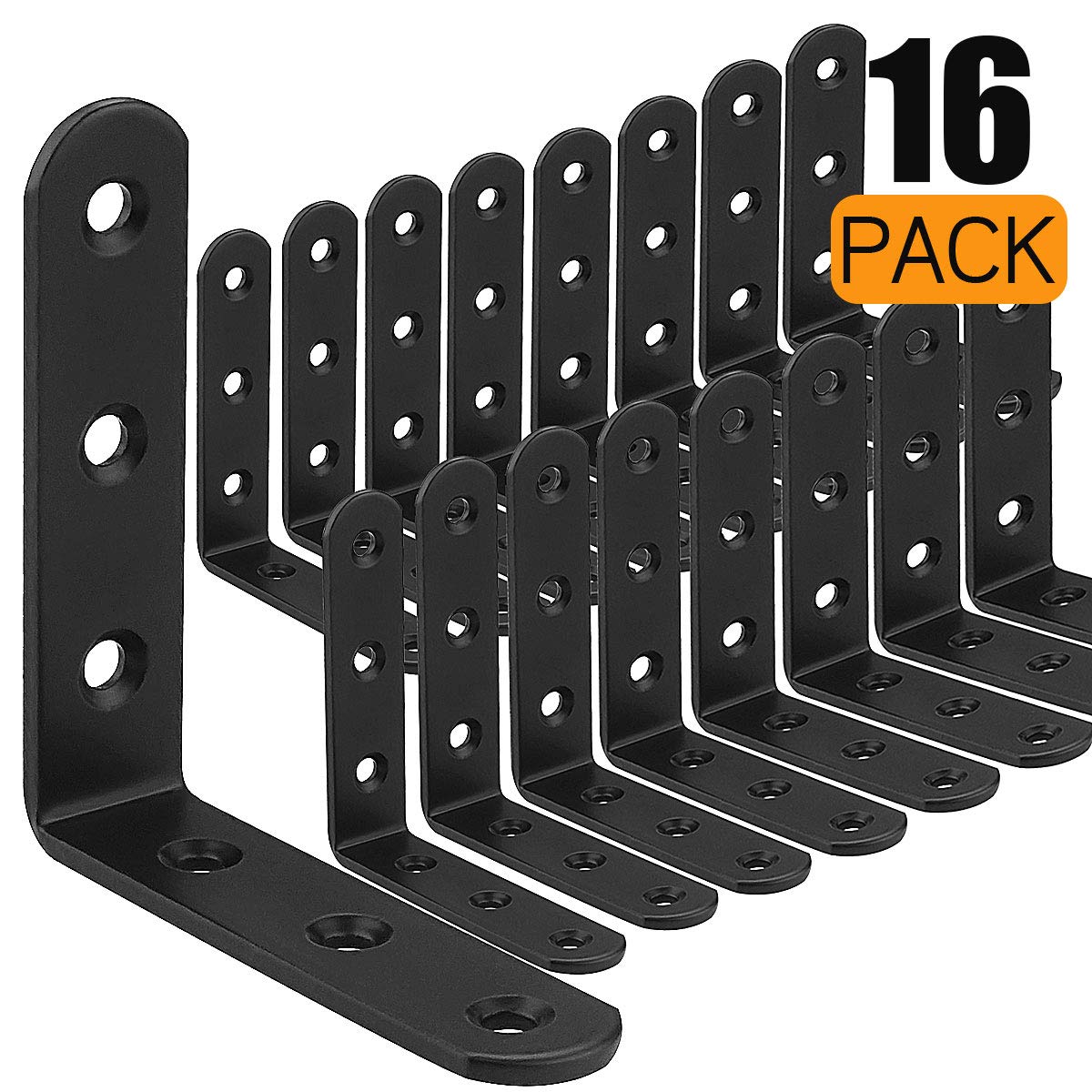 16 PCS L Shelf Brackets 4Inch, Cast Iron 4x4 Inch Heavy Duty L Shape Corner Brace, Black Floating Shelves Bracket for Hanging DIY Shelving or Bookshelf, 3mm Thick Angle Joint Bracket Fastener