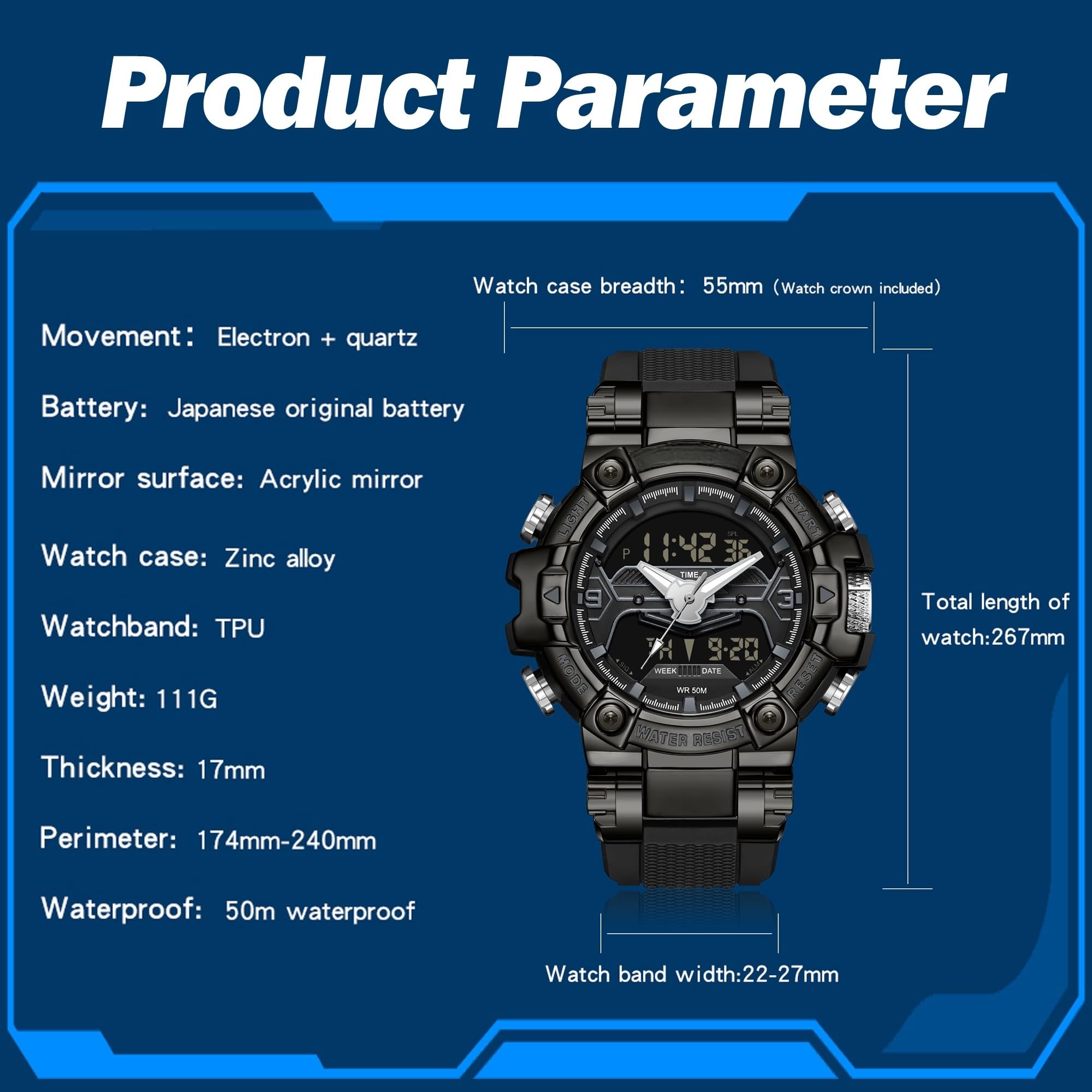 findtime Relojes digitales militares para hombre, reloj deportivo resistente al agua, esfera grande, retroiluminación LED, reloj de pulsera de 8 colores, cronómetro, alarma, reloj electrónico táctico