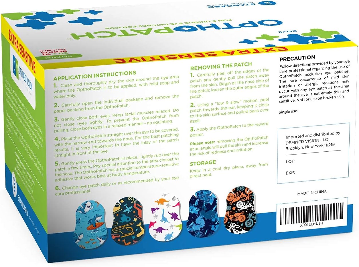 Opthopatch Eye Patches for Kids - Extra Sensitive Adhesive - Boys' Design [Series II] - 100 Count + 3 Reward Charts