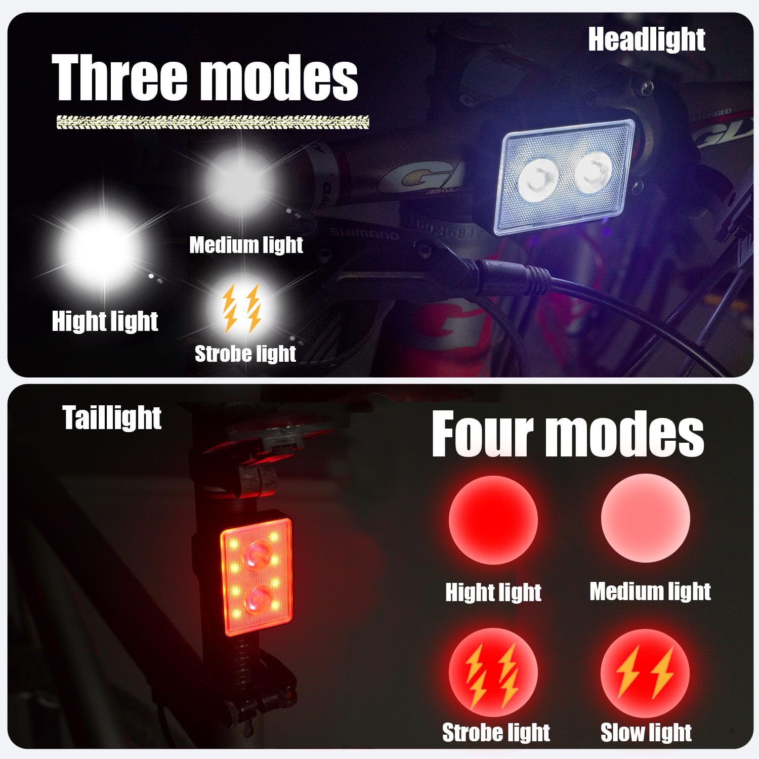Lot de 2 éclairages de vélo rechargeables – Feux avant et arrière LED pour vélo, étanches, 3 modes, faciles à installer pour une conduite de nuit sûre, des trajets et du cyclisme