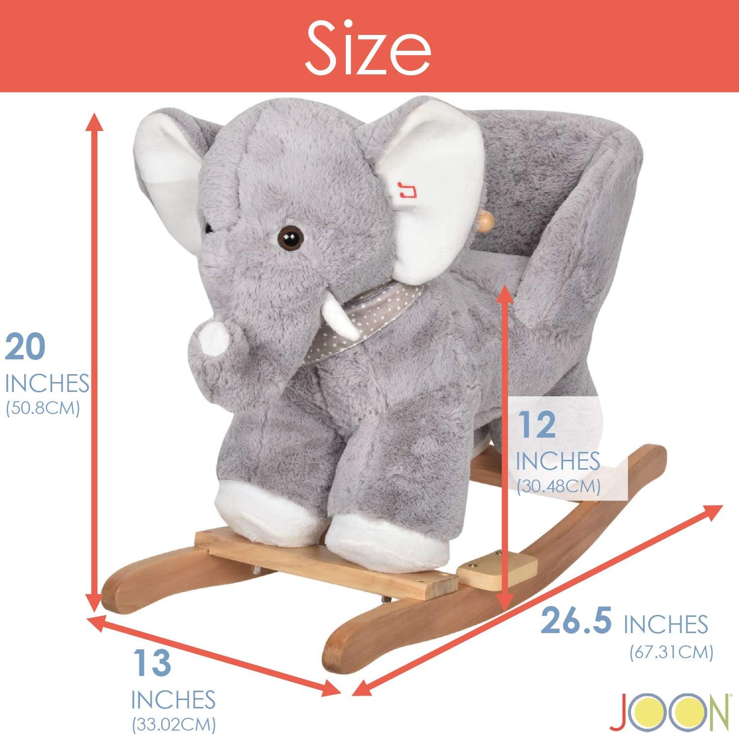 JOON Olli Ride-On Rocking Horse Elephant with Polkadot Scarf, Great for Childhood Development, Soft Materials Wooden Construction, Fun Musical Sounds, for Boys or Girls 1-3 Years Old, Gray-White