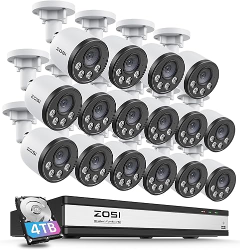 ZOSI Sistema de cámara de seguridad PoE 4K con audio, detección humana inteligente, visión nocturna de 100 pies, NVR de 16 canales con disco duro de