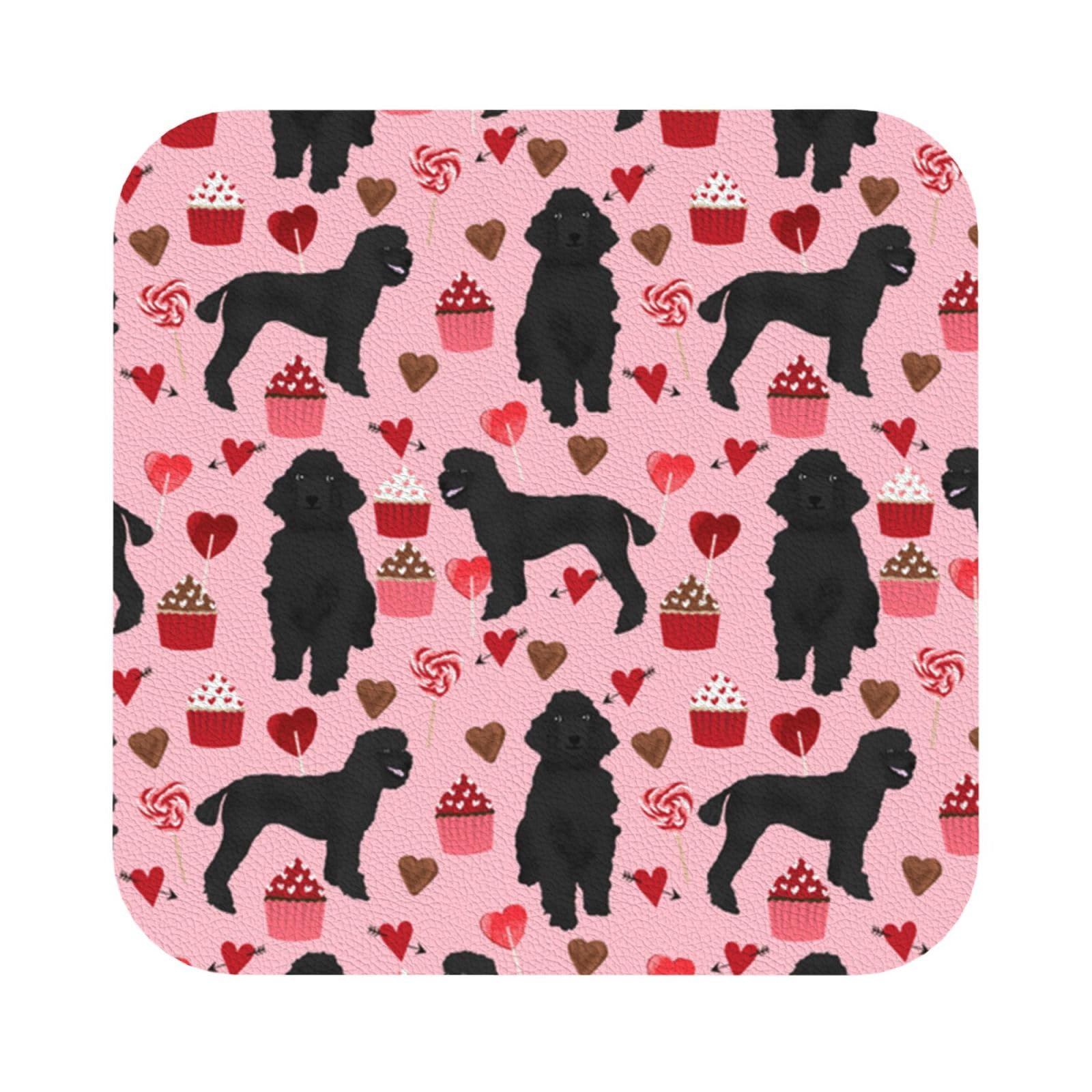 Pink Poodles Dogs PU Leather Coasters Set of 6 Square Drink Coasters