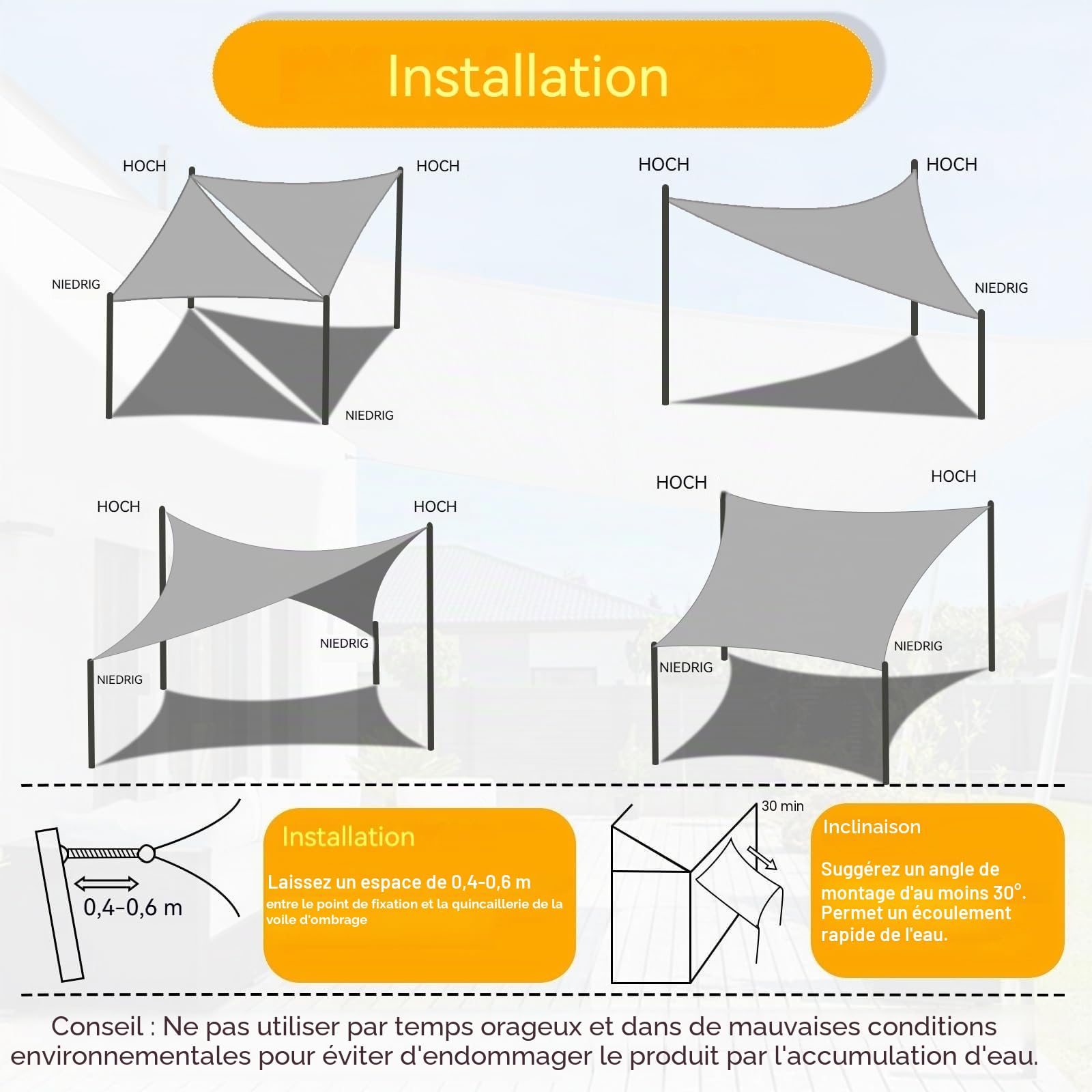 Shade&Beyond Voile d'Ombrage 3x4m Rectangulaire Imperméable, Voile Ombrage avec 95% Protection UV pour Terrasse, Jardin et Piscine Extérieure,Gris Clair