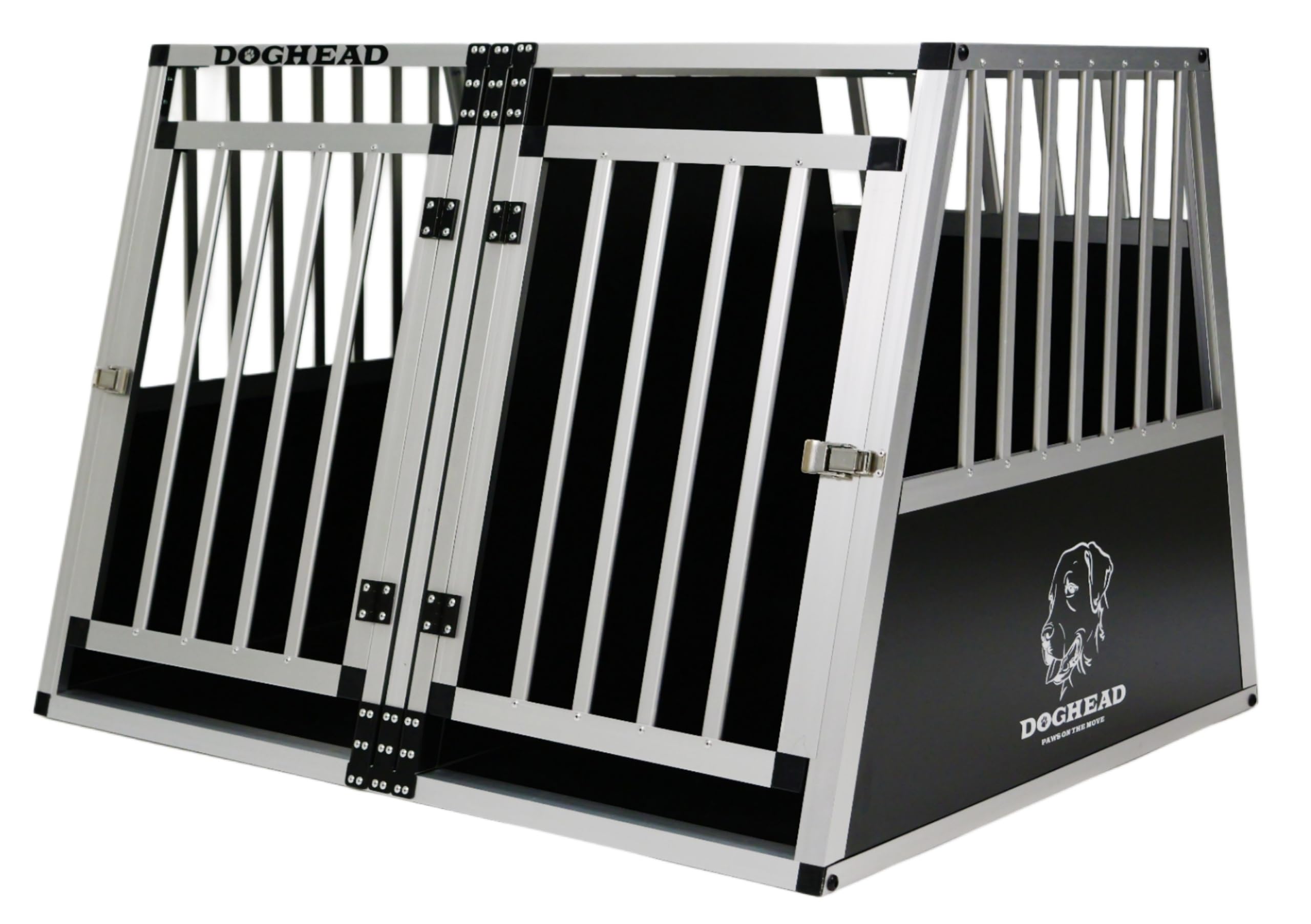 DOGHEAD Hundetransportbox Ecoline, Double 97x85x69 cm DG, Schwarz, Aluminium, Beidseitig Abgeschrägt 75°, 2 Trennwände, Keine Kombibox