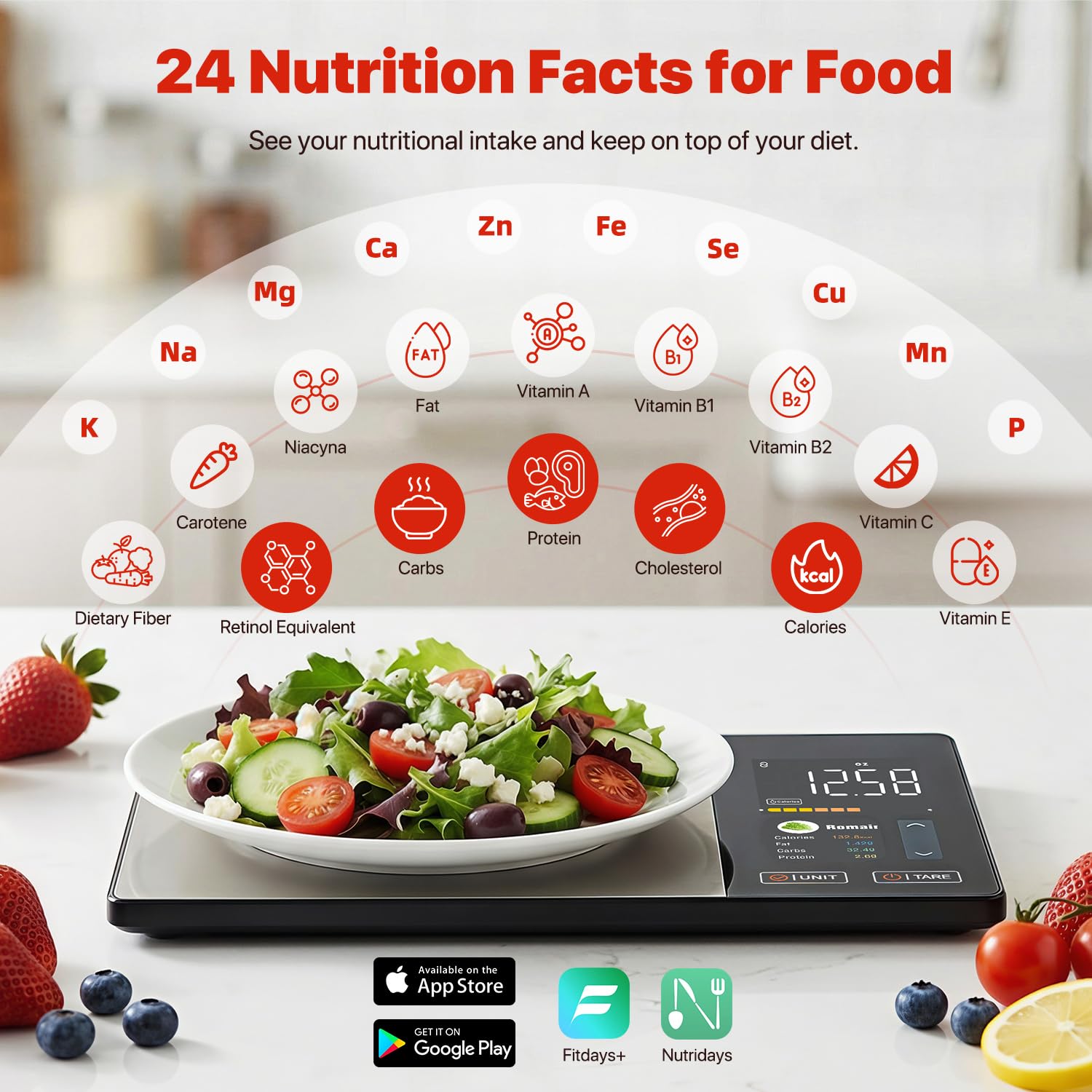 Smart Food Scale with Nutritional Calculator for Kitchen Tracks Calories, Fat, Carbs, Protein & Works with App for Healthy Eating Meal Prep, 50+ Foods & 23 Nutrients Built-in, TFT Display