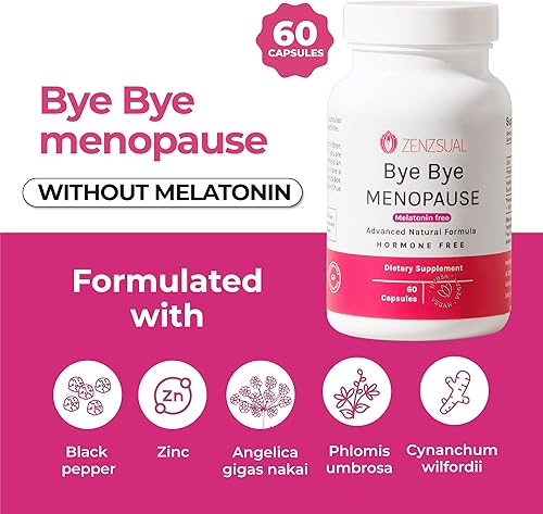 Miniatura 8 de ZENZSUAL Bye Bye Menopause, 60 cápsulas  Suplemento para mujeres, ayuda a reducir los sofocos, el sudor nocturno y los cambios de humor  100%