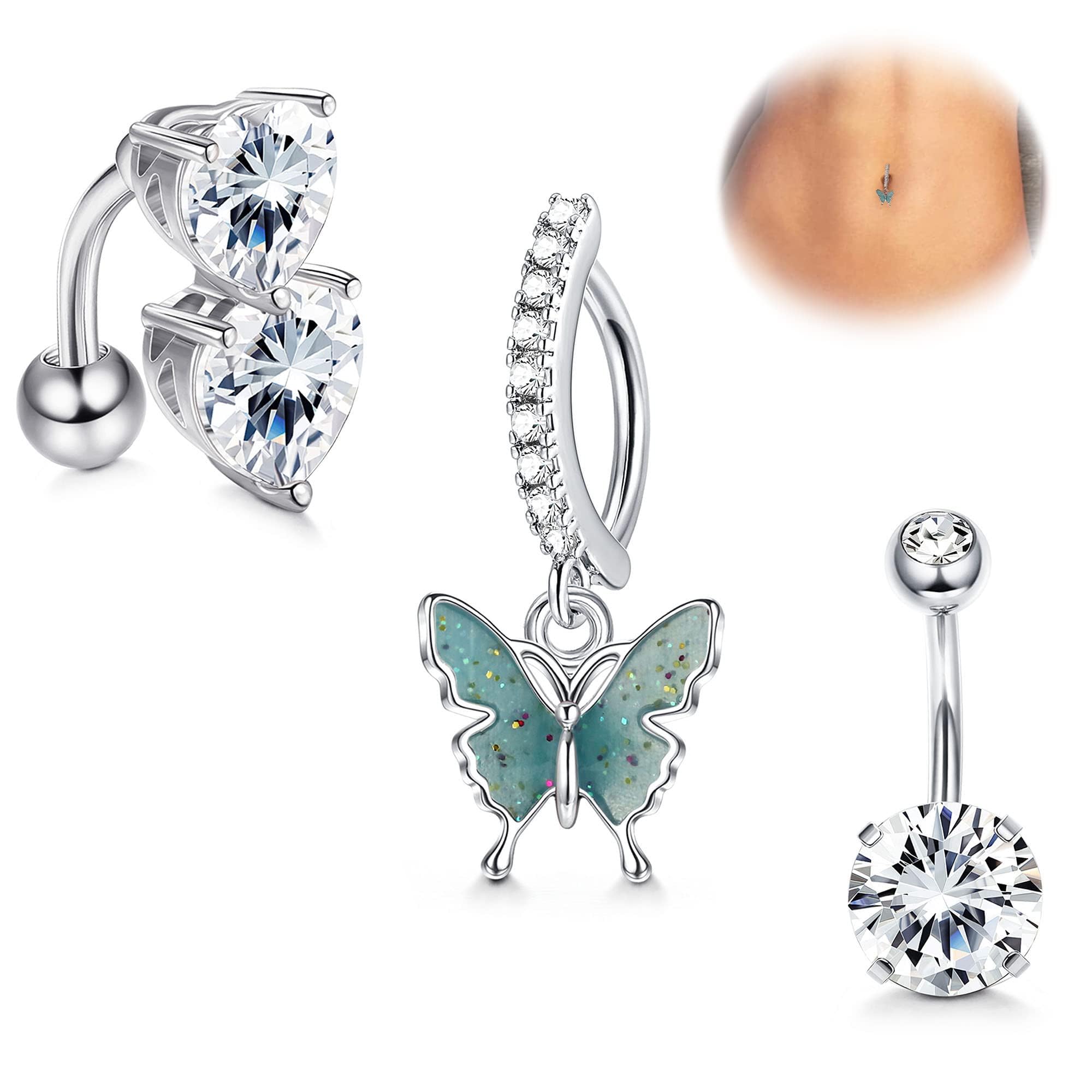 LOLIAS3 PIEZAS 14G Piercing Ombligo Acero Quirurgico CZ Ópalo Mariposa Clip Piercing Ombligo Anillo Piercing Ombligo Plata Joyería 10mm