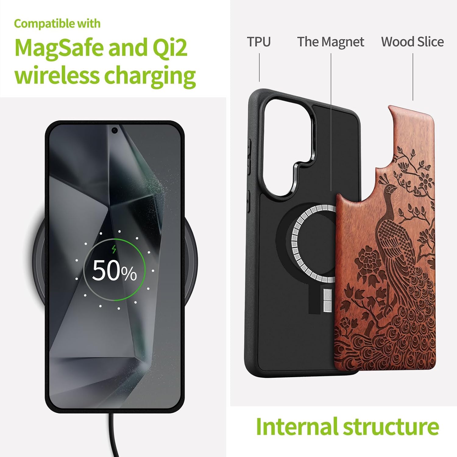 Carveit Magnetic Wooden Case for Samsung Galaxy S26 Ultra Case 2026, TPU Shockproof Cover & Wood Artisan Engraved, Compatible with MagSafe Wireless Chargers (Asian Peacock) Rosy