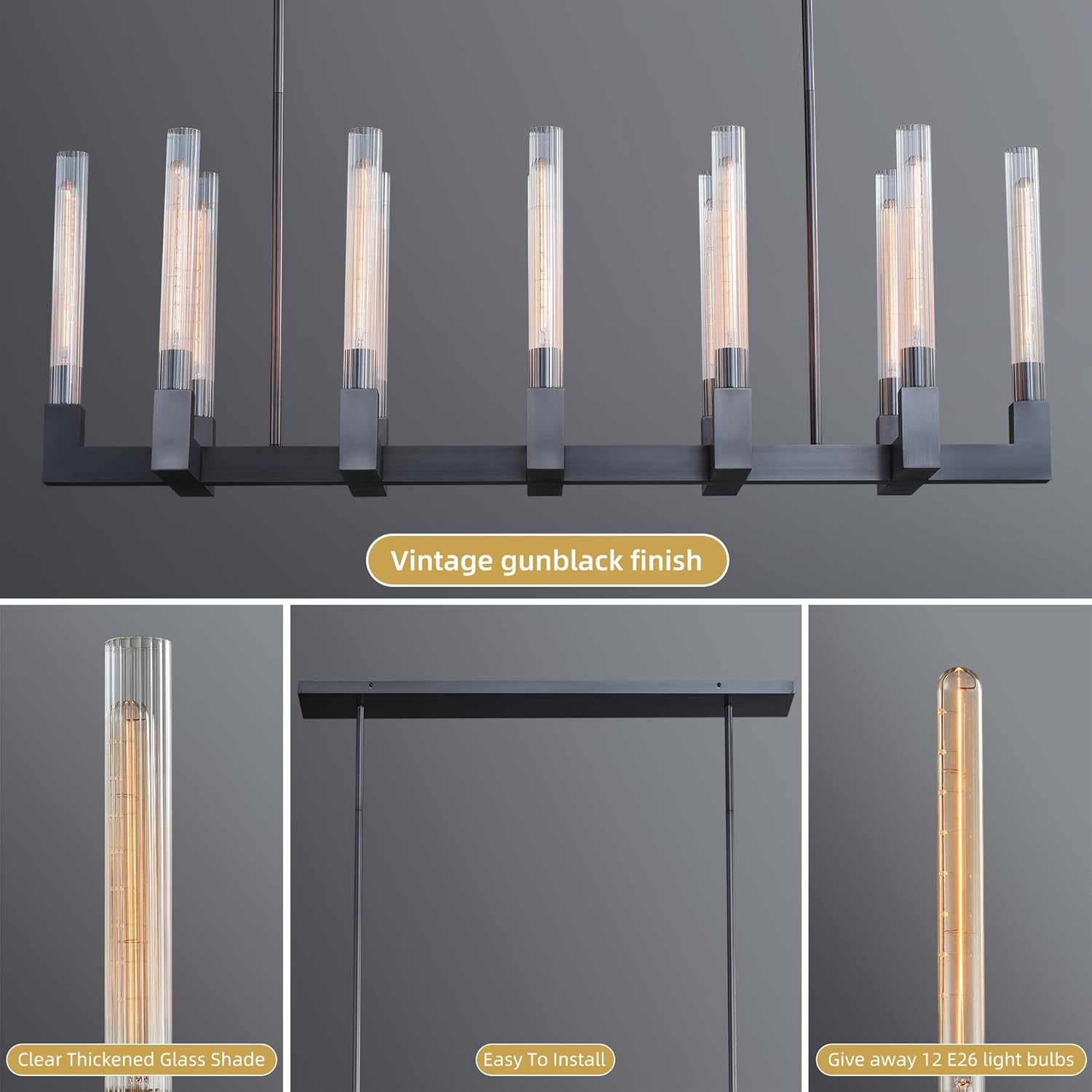 Pre-Assembled 67" Black Rectangular Island Chandelier with 12 Warm Bulbs Included, Modern Industrial 12-Light Fixture, Adjustable Rod for Kitchen Island & Dining Room