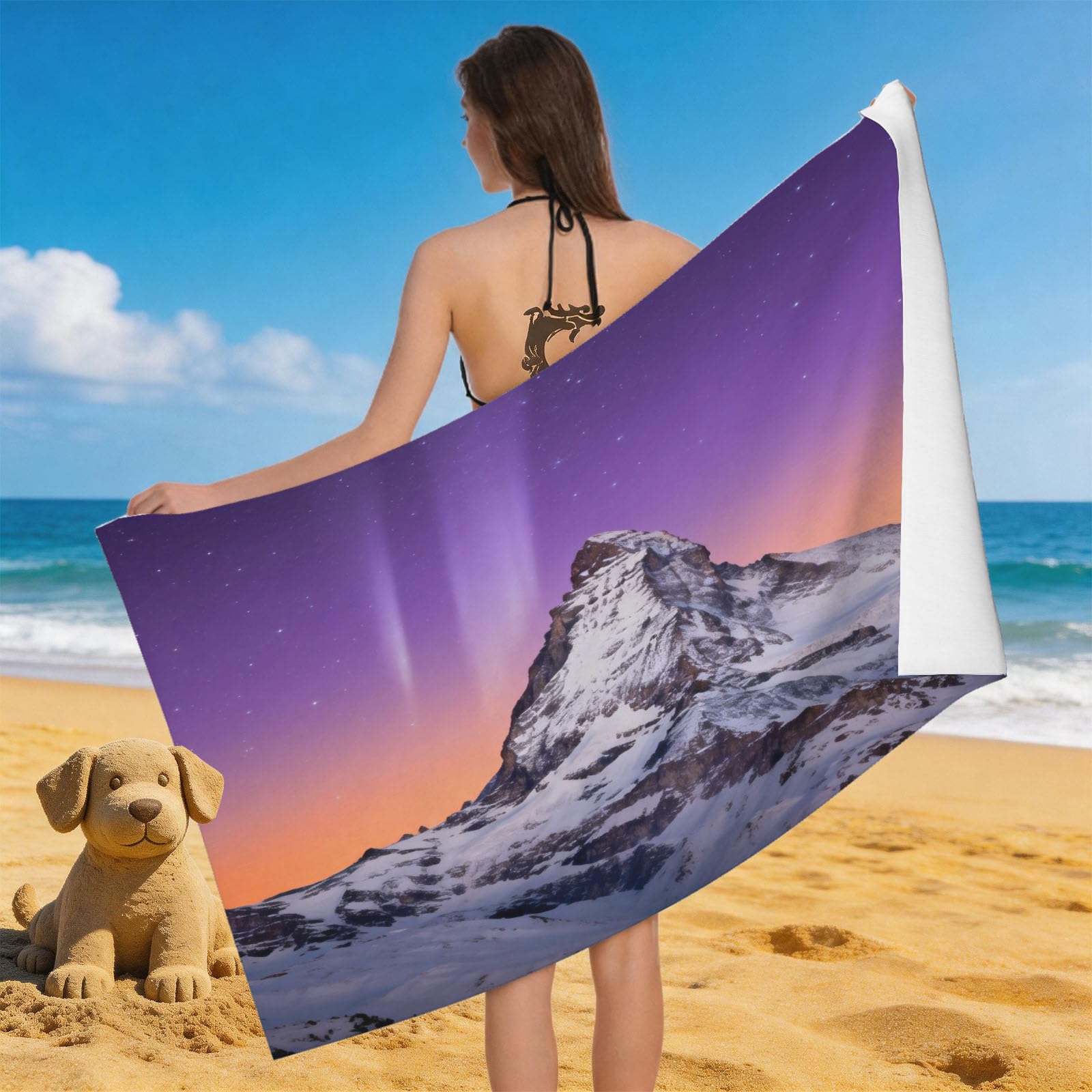 Leichong 3D Matterhorn Beach Towel Large Microfiber Soft Quick Dry for Adults, Snow Mountain Bath Towel Lightweight Soft Absorbent for Travel Swimming Pool Sports, 180 x 90 cm