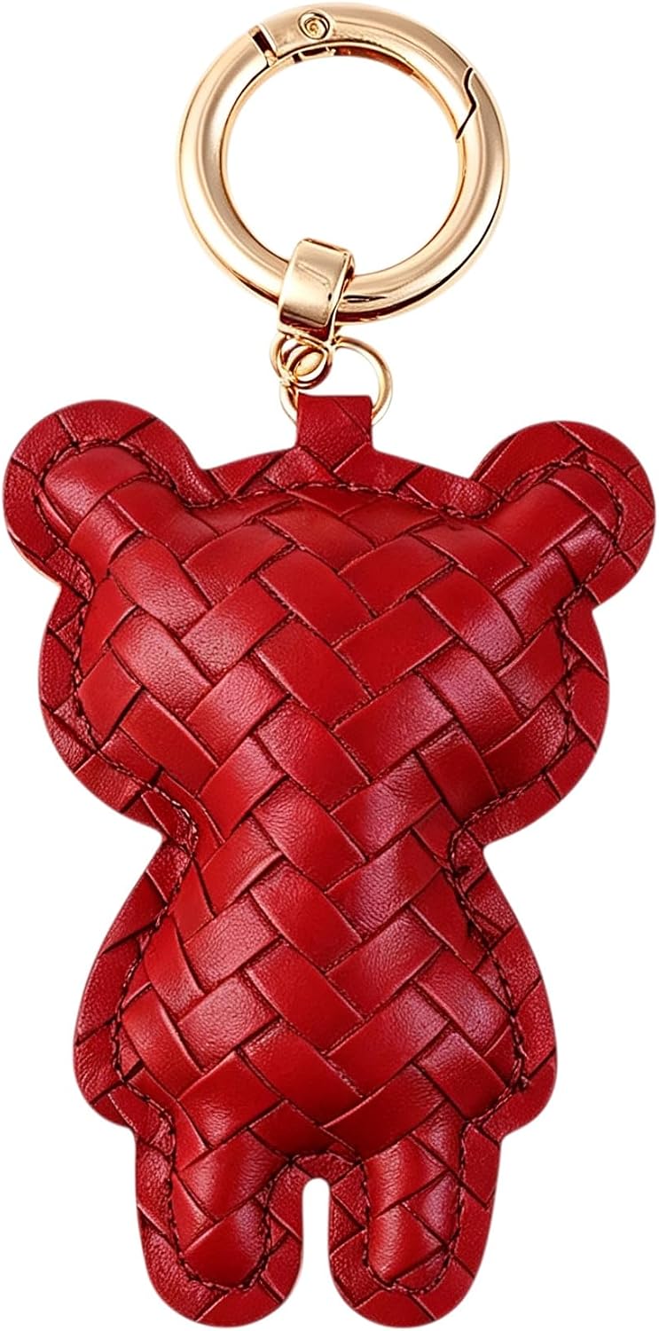 Woven Pattern Bear Keychain, Leather Bear Bag Charm Accessories for Handbags Backpack Car Keys Gift for Women