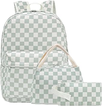 School Backpack for Girls Women, Water Resistant Laptop Backpack Kids Bookbag Casual Daypacks with Lunch Box Pencil Case (Green Checkered)