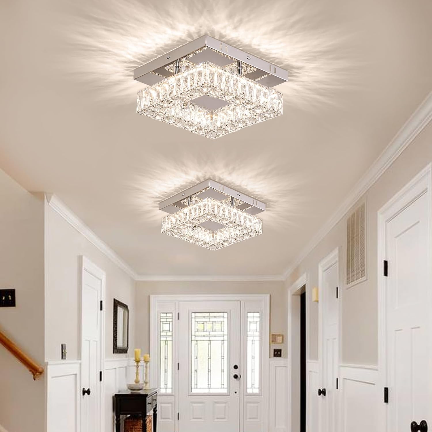 Dimmable Square Crystal Chandelier LED Mini Ceiling Light with Remote Flush Mount Small Chandelier Light for Hallway Foyer Kitchen Stair Closet, 3 Colors Adjustable Dimmable