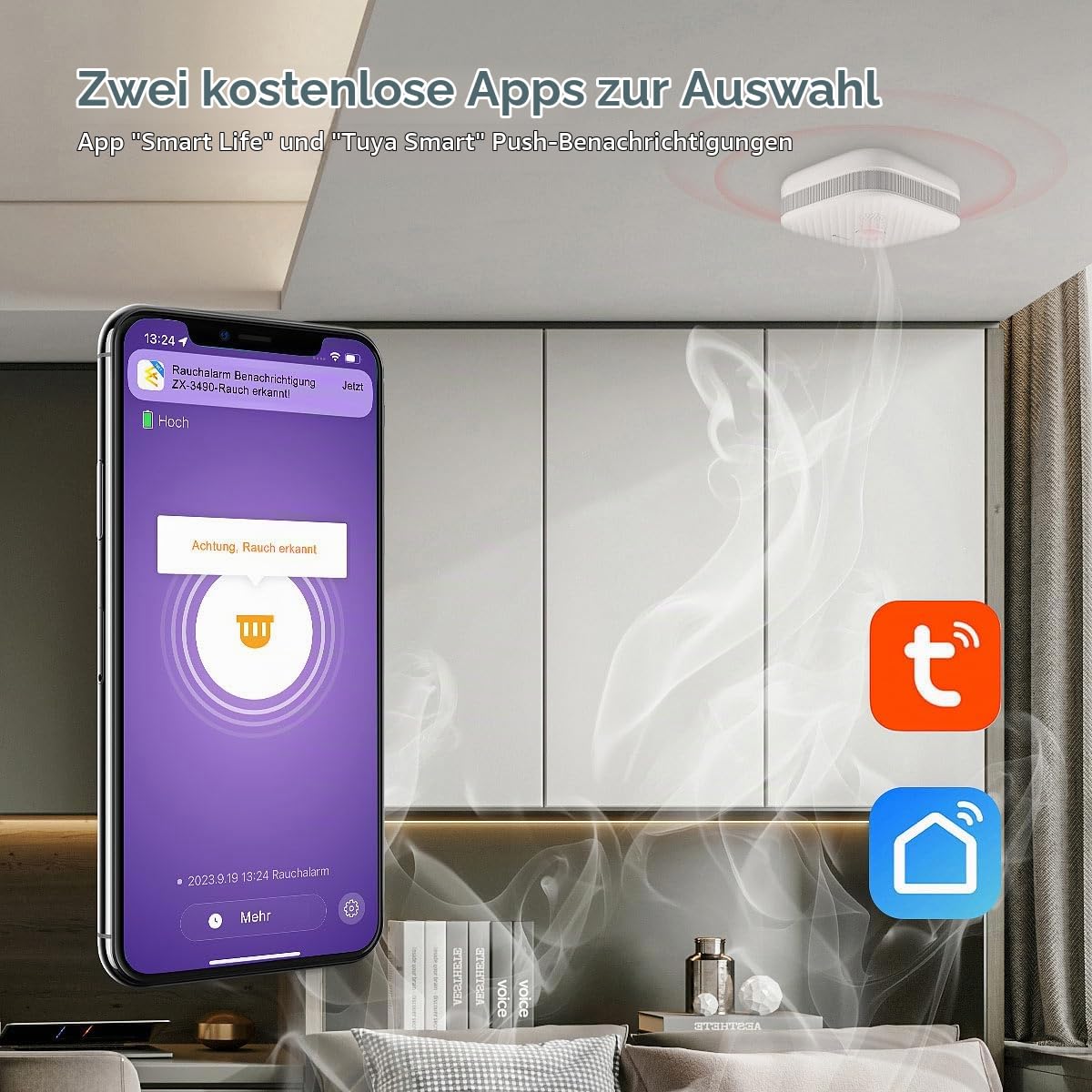 VisorTech Smart Rauchmelder: 3er-Set WLAN-Rauch- & Hitzemelder mit weltweiter App-Benachrichtigung (Rauchmelder mit Benachrichtigung, mit App Steuerung, Home)