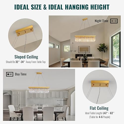 Miniatura 7 de Siljoy Candelabro rectangular de cristal de 6 luces con forma de gota de lluvia de cristal dorado K9 para comedor, lámpara colgante de techo