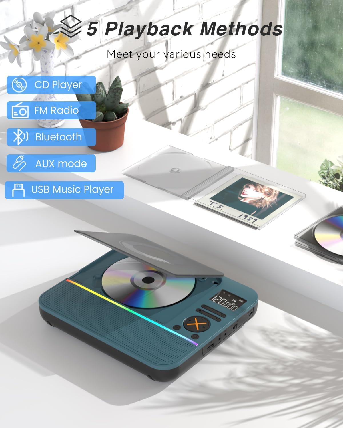 MONODEAL Bluetooth CD Player mit RGB Licht, Radio, Sleep Timer,HiFi Stereo | Wiederaufladbar Tragbarer CD Player