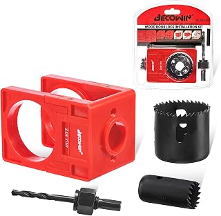 Becowin Door Lock Installation Kit: 1-3/8" - 1-3/4" Deadbolt Door Lock Installation Set with Adjustable Guide Template - Door Lock Hole Saw Kit ldeal for Wooden Doors Knob Installing, Red