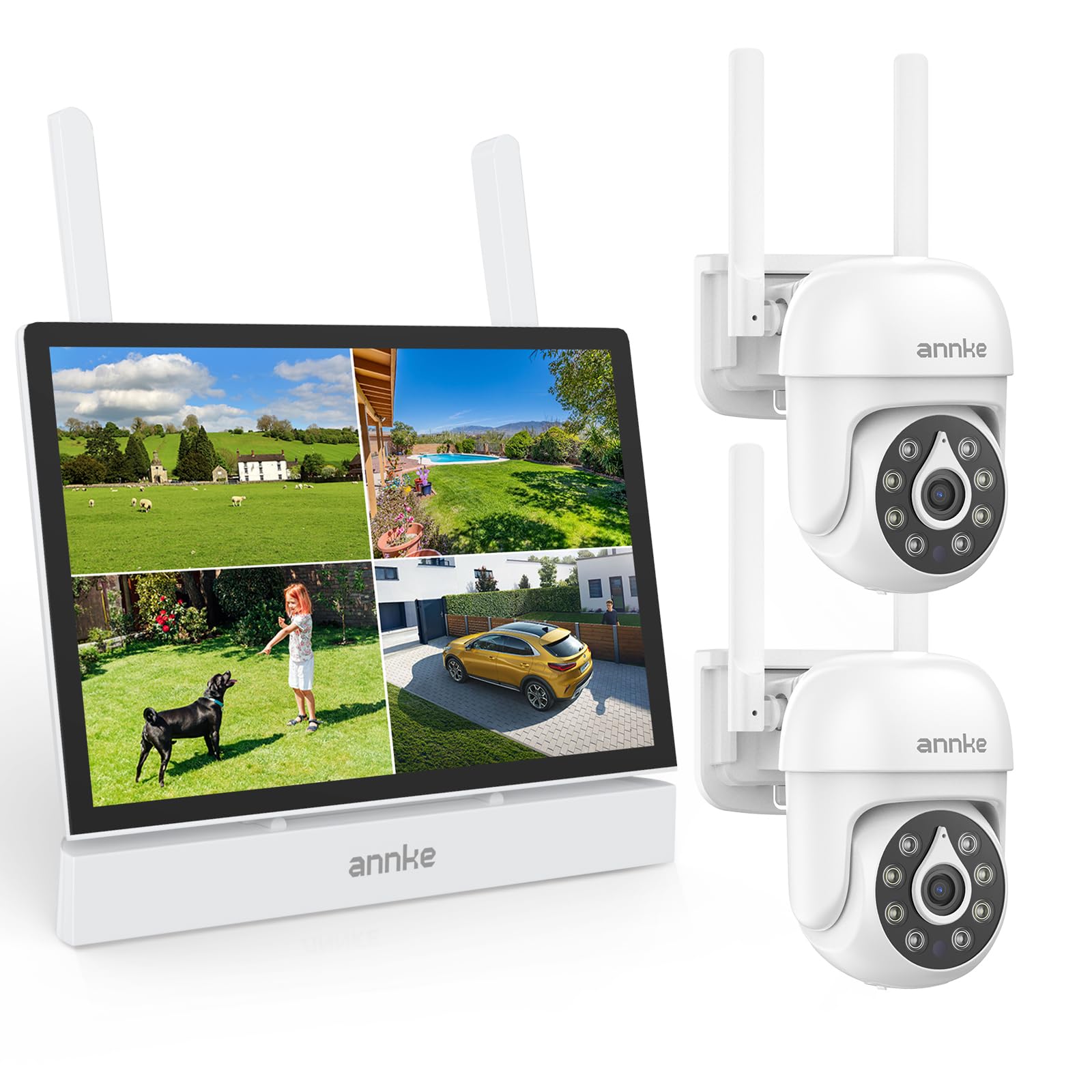 ANNKE 3K Überwachungskamera Set mit Monitor, 4CH 7" Touchscreen mit 64GB SD Karte, 4X 5MP 360° PTZ WiFi Kameras, 2 Wege Audio, Spotlight Alarm, Farbnachtsicht, Bewegungsüberwachung, 24/7 Aufzeichnung