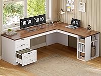 SEDETA 67" Farmhouse L-Shaped Desk with 3 Drawers, Power Outlets & Adjustable Shelves - White/Brown Corner Home Office Desk