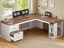 Farmhouse 67" L Shaped Desk with 3 Drawers&comma; White Corner Computer Desk with Storage Shelves&comma; Home Office Desks with Power Outlets，Executive Desk for Home Office&comma; White and Brown