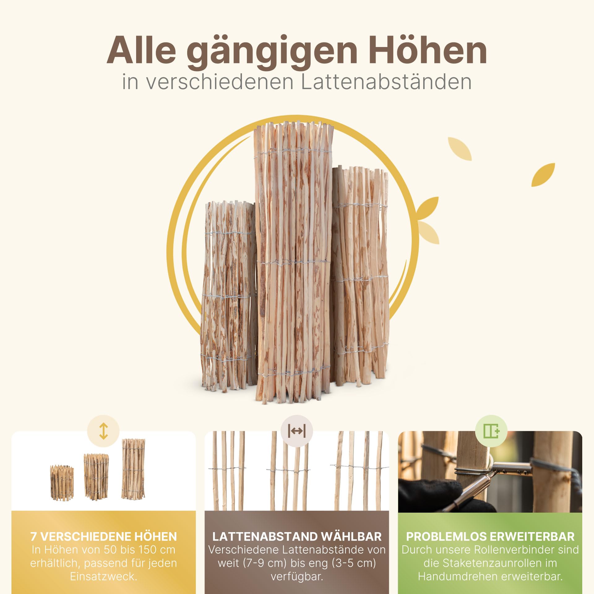 Staketenzaun Haselnuss Höhe 150 cm, Länge 5 Meter, Lattenabstand 3-5 cm