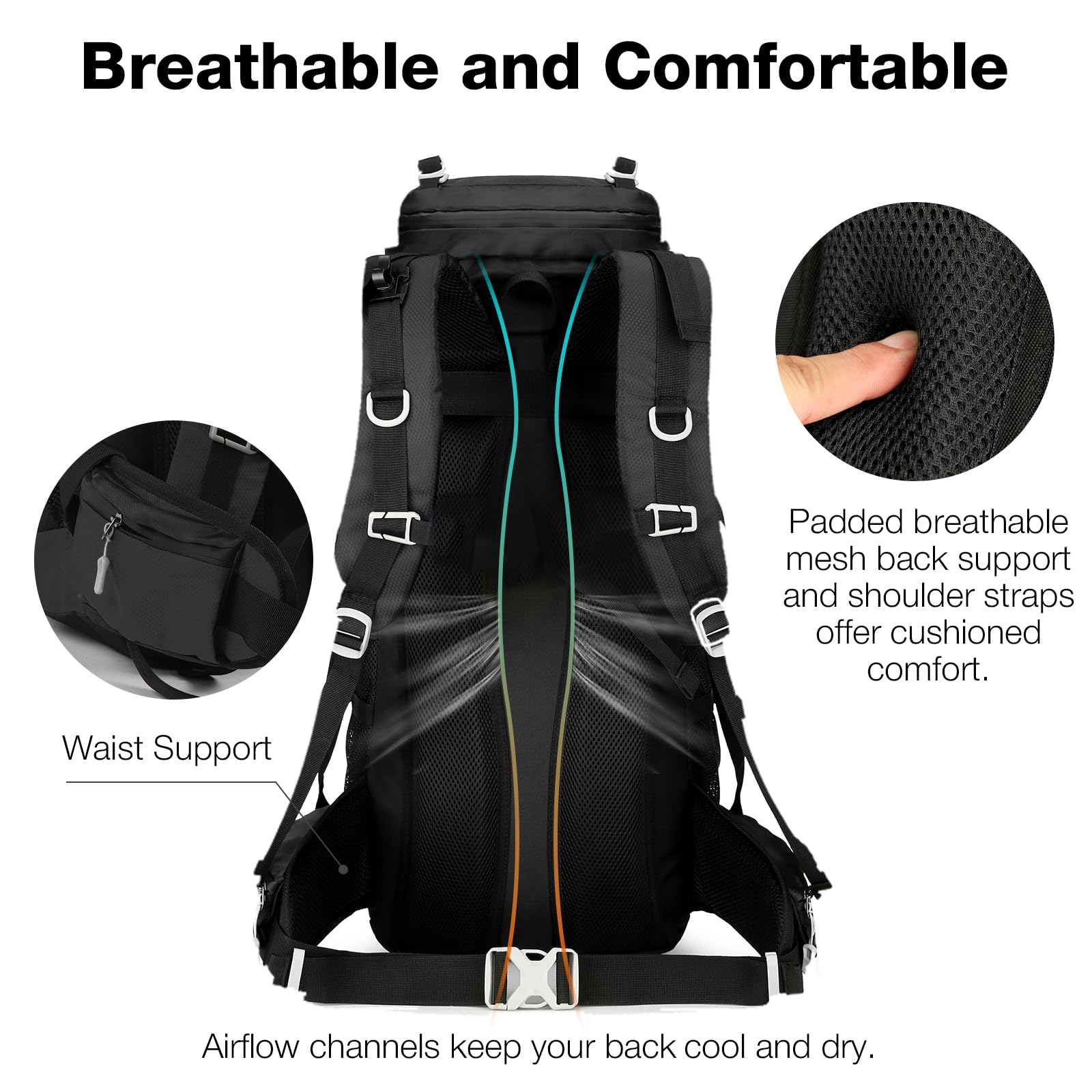 60L Wanderrucksack Herren Damen, Wasserdicht Bequem Trekkingrucksack mit Hüftgurt, Groß Backpacking Rucksack für Outdoor Camping Reise, Schwarz