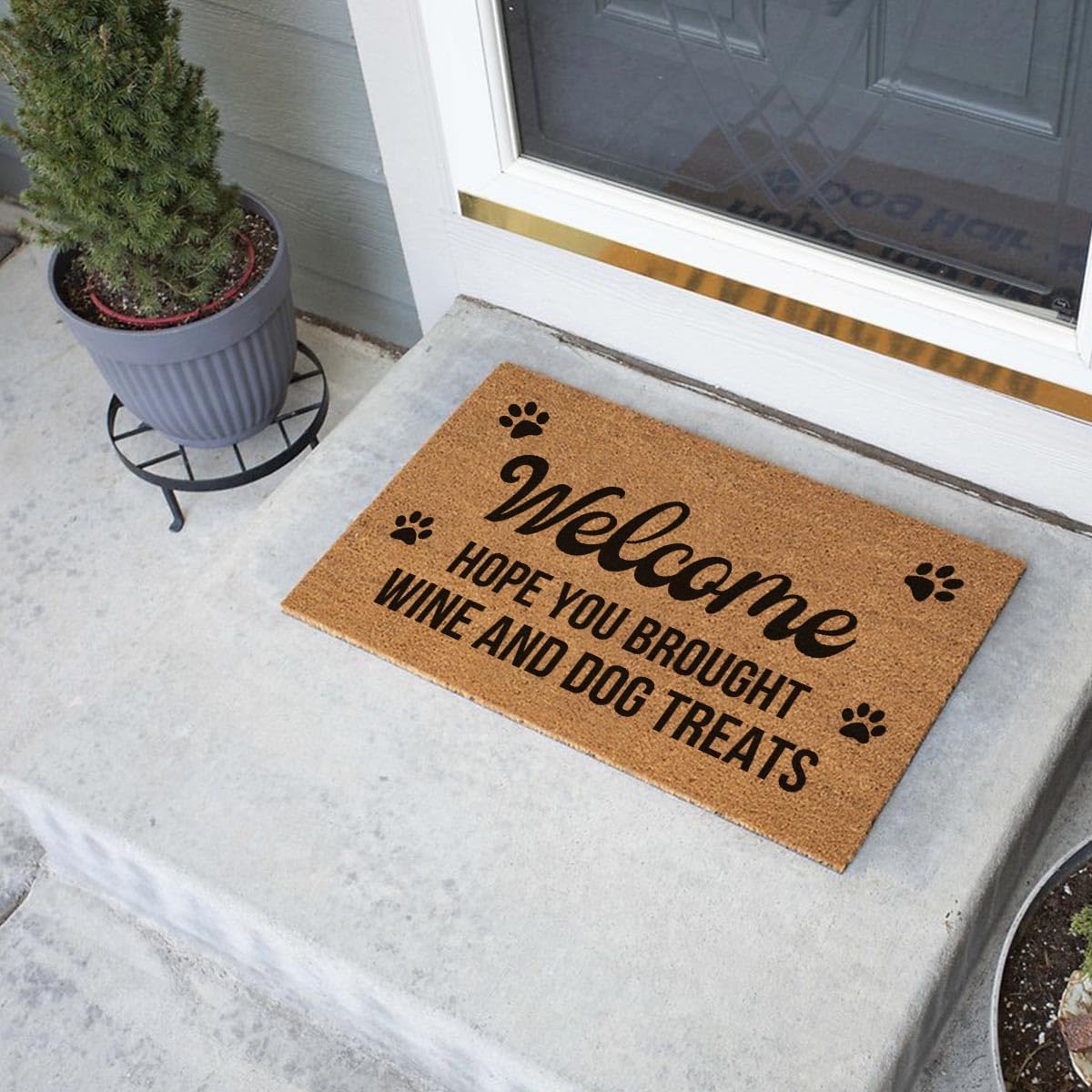 Funny Coir Welcome Doormat - Hope You Brought Wine & Dog Treats - Heavy-Duty Non Slip Outdoor Rug 23.6 x 15.7 inch