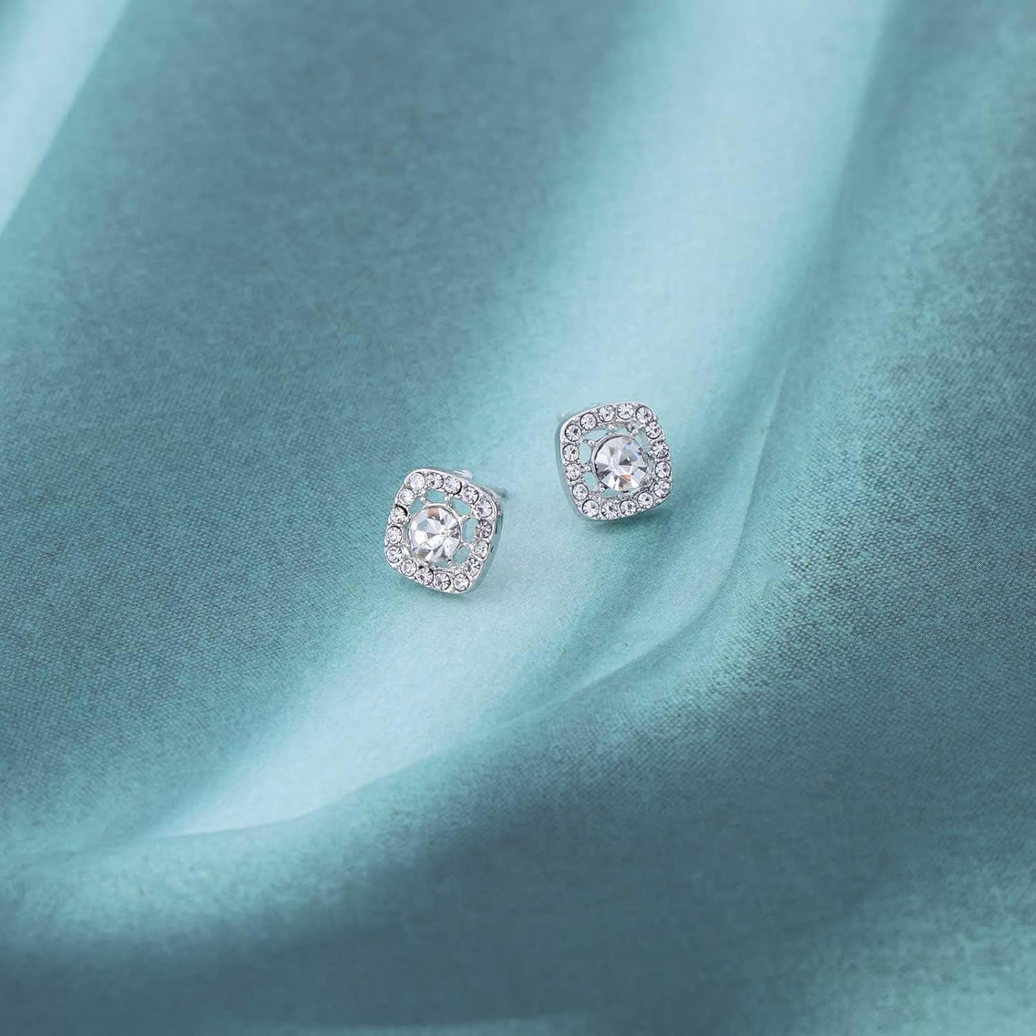 Silver Zinc Square Stud Earrings, Tiny Cz Rhinestone, Halo, Minimalist, Female, Daily, 2 Count - Image 7