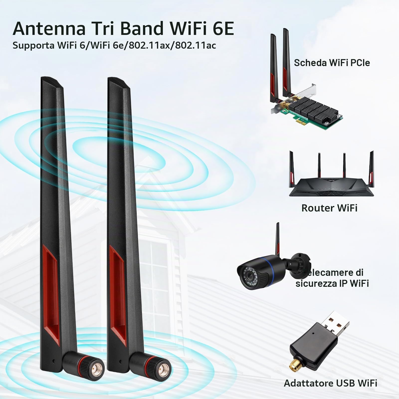 Superbat Antenna WiFi 6E Tri-Banda 2.4GHz/5GHz/6GHz Con Connettore RP-SMA E Base Magnetica Incluso Cavo di Prolunga RG174 2m Per PC Scheda WiFi Router Senza Fili Telecamere di Sorveglianza