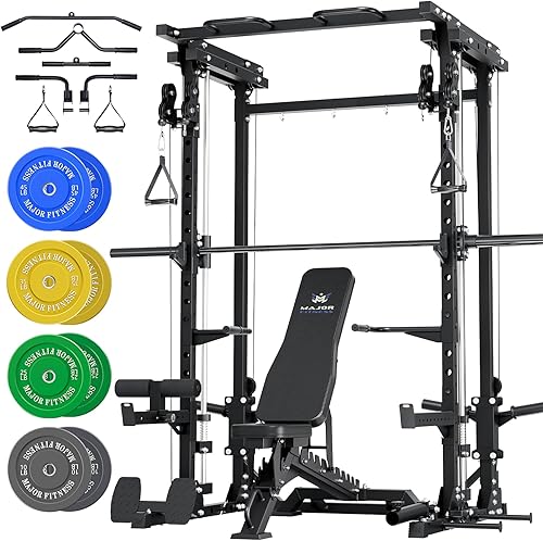 Miniatura 15 de MAJOR FITNESS Drone3 Smith Machine, 2500 libras todo en uno para gimnasio en casa con sistema de polea doble para cable cruzado, barras de dominadas
