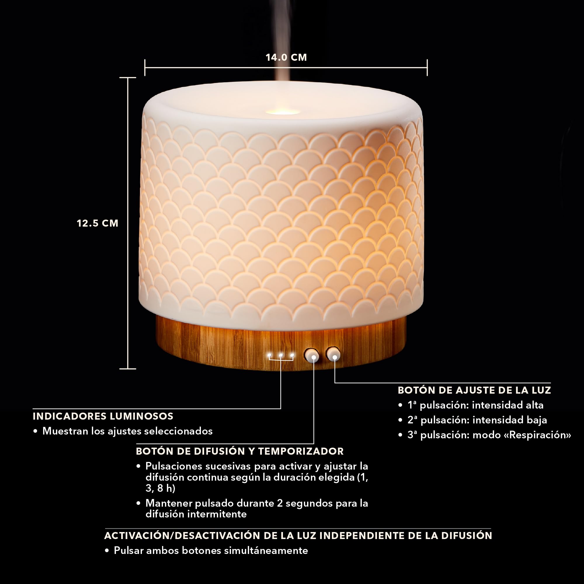 Moya - Difusor Aceites Esenciales Ultrasónico 280 Ml - 14h Autonomía - Luz LED – Temporizador - Silencioso con Apagado Automático - Aromaterapia - Modo Respiración Antiestrés - Bambú Y Cerámica