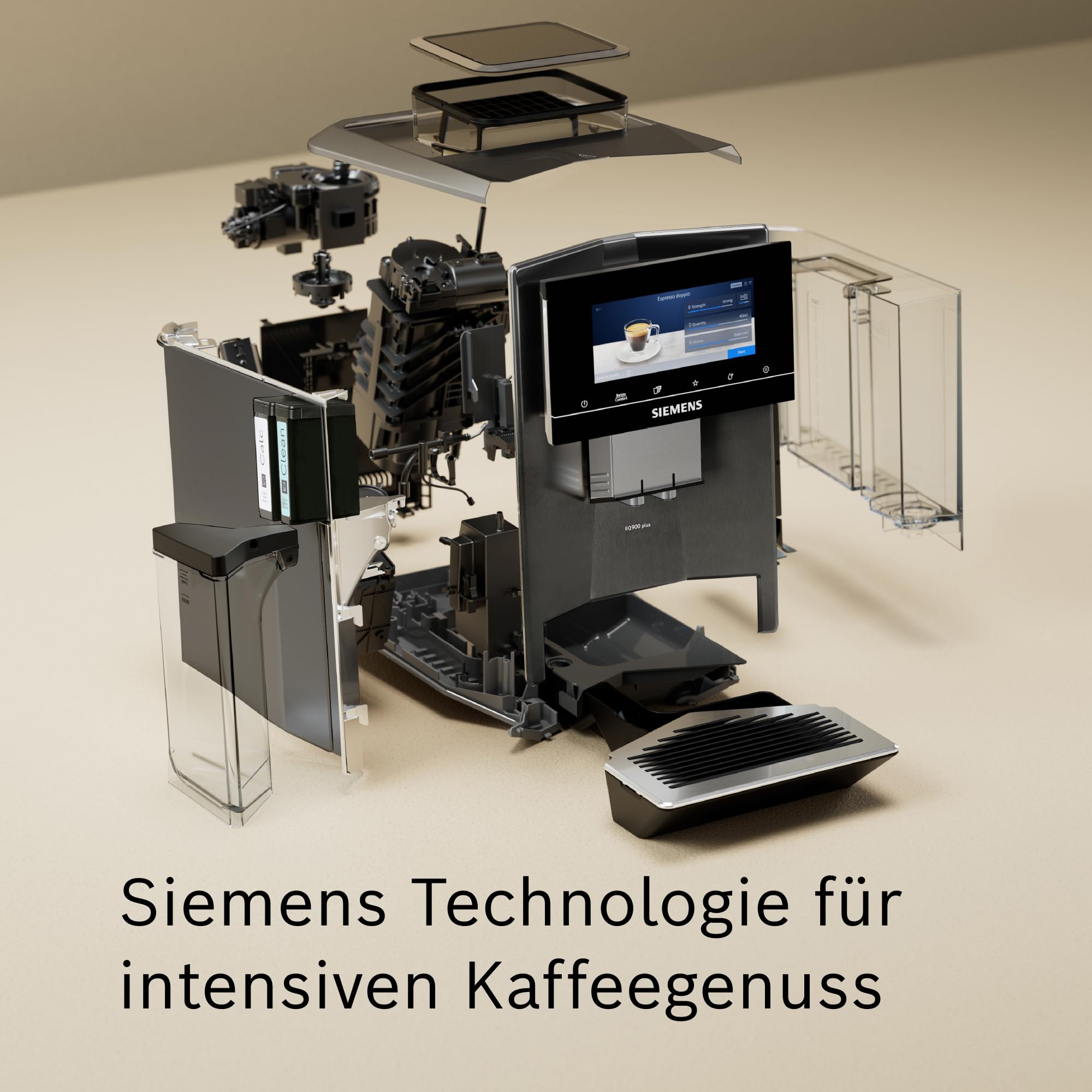Siemens Kaffeevollautomat EQ900 plus, großes farbiges TFT-Display, autom. Reinigungsystem via Kartuschen, 36 Heiß- und Kaltgetränke, Cold Brew, Doppeltassenfunktion, super leise, Edelstahl, TQ905DZ3 | Großes farbiges TFT-Display, Autom. Reinigungsystem vi