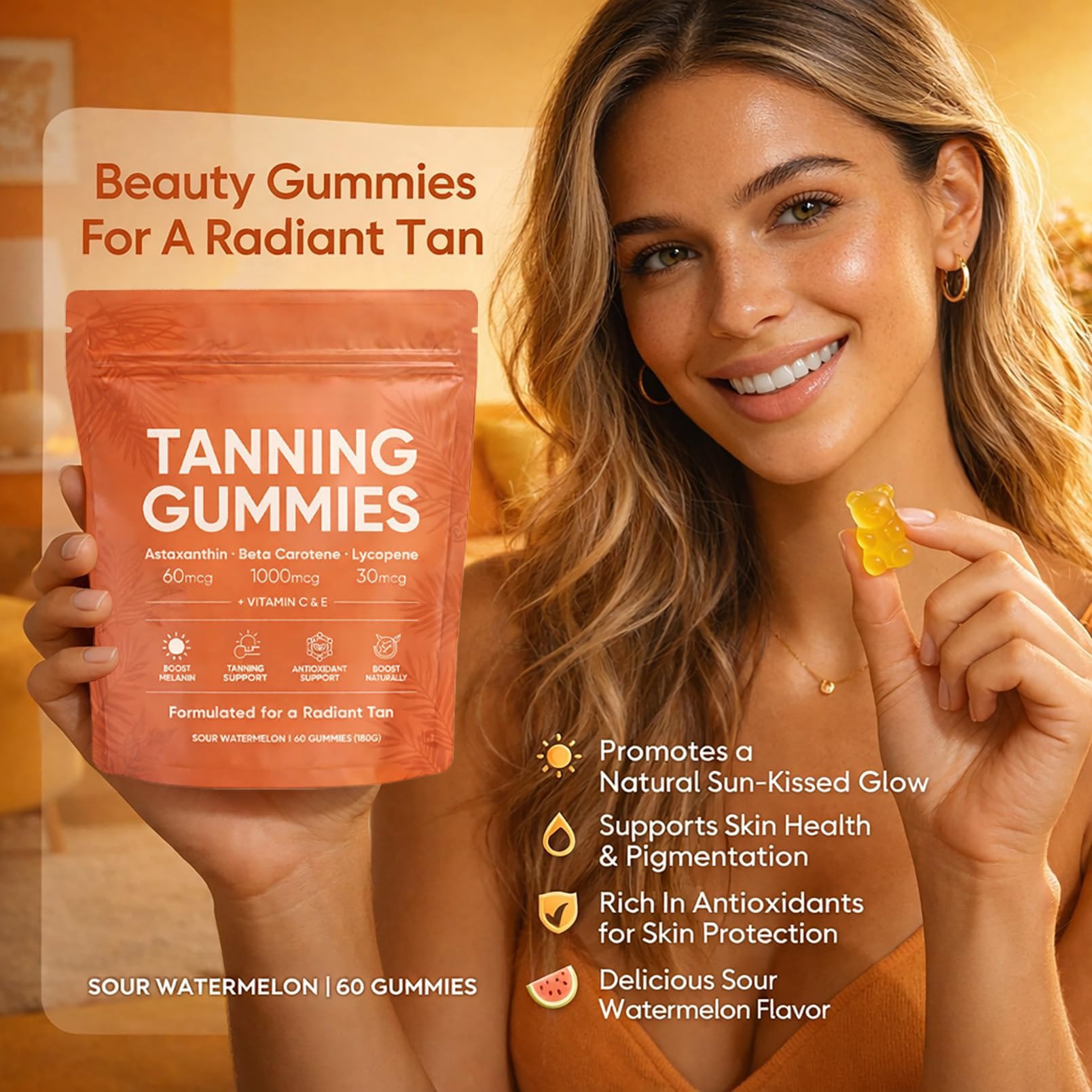Gommes de Bronzage de la Peau, Mélange bêta-C-arotène et L-Ycopène, Format Gommé de Routine de Beauté, pour un Teint Naturel et éclatant (2 Sacs)