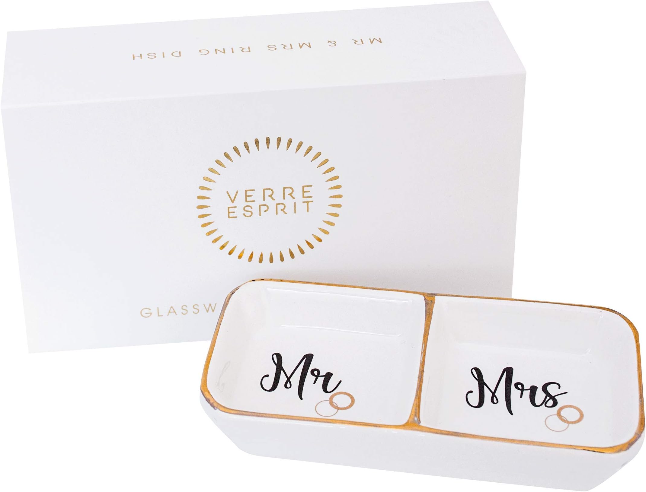 Verre Esprit Ring Dish Engagement - Mr And Mrs Ring Dish - Ceramic Couples Ring Holder - Trinket Dish for Newly Weds, Wedding Ring Holder - Wedding Trinket Tray