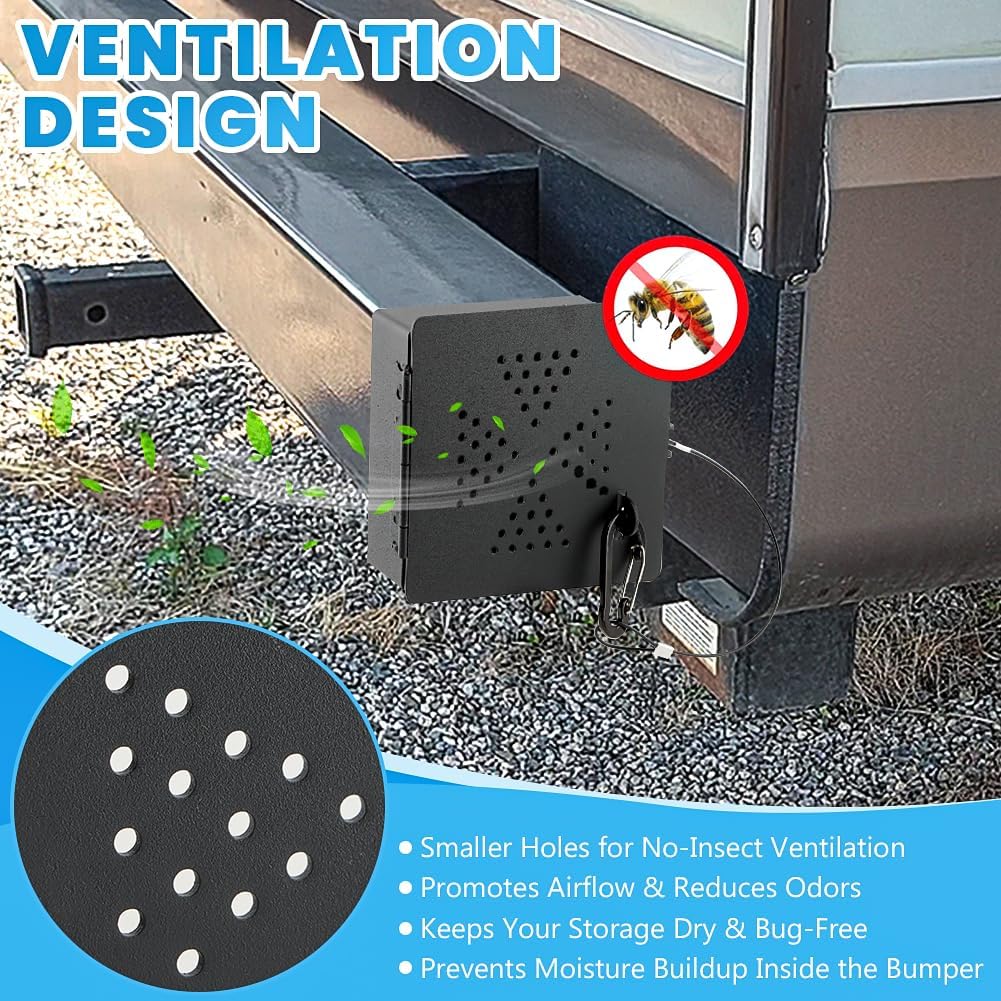 2 Pack Aluminum RV Bumper End Cap- Fits Standard 4-Inch Square Camper Bumpers, No-Insect Vent Holes, Secure Sewer Hose Storage, Must-Have Travel Trailer Accessories(Color:Black)
