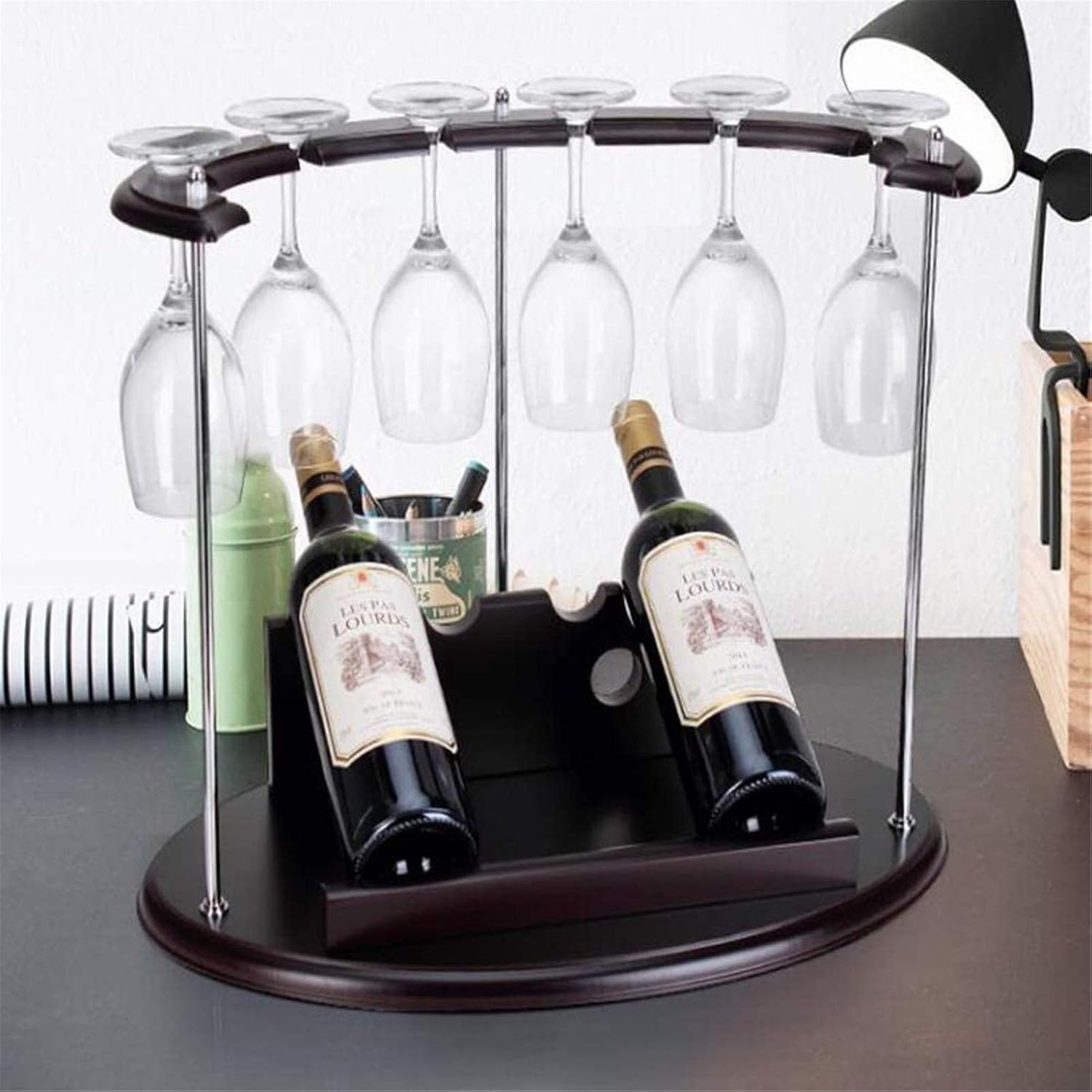 Wine Rack Wood Wine Glass Rack Free Standing and Countertop Wine Shelf - Hold 2 Wine Bottles and 6 Wine Glass for Bar Wine Cellar Basement Cabinet Pantry