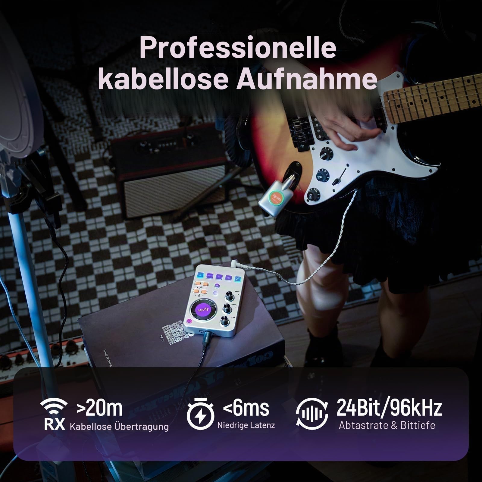 Synido Kabelloses Gitarrensystem, 5,8 GHz, wiederaufladbar, elektrisches Musikinstrument, Sender, Empfänger mit Soundkarte, 24 Bit/96 kHz, niedrige Latenz, unterstützt Bluetooth BGM für Aufnahme | Eingebauter wiederaufladbarer Akku und leichtes tragbares