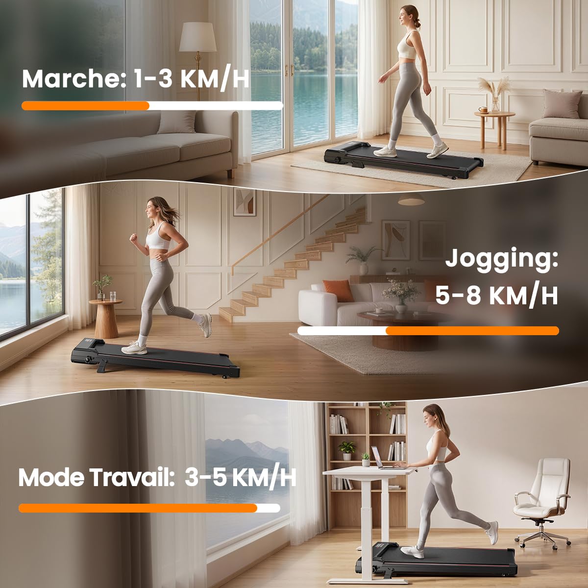 Tapis de Course Pliable & Marche 3 en 1 avec Pente 7% – Tapis Roulant sous Bureau Silencieux (Moteur 2,5CV, 1-8 km/h) – Charge 130kg, Système Anti-Choc – pour Maison & Appartement