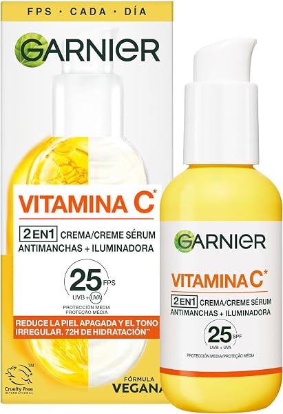 Garnier SkinActive Vitamina C 2 en 1 Crema Sérum Antimanchas Iluminadora FPS 25. Reduce manchas oscuras y corrige el tono irregular con 72 h de hidratación. Protección Media FPS25, 50 ml - 1
