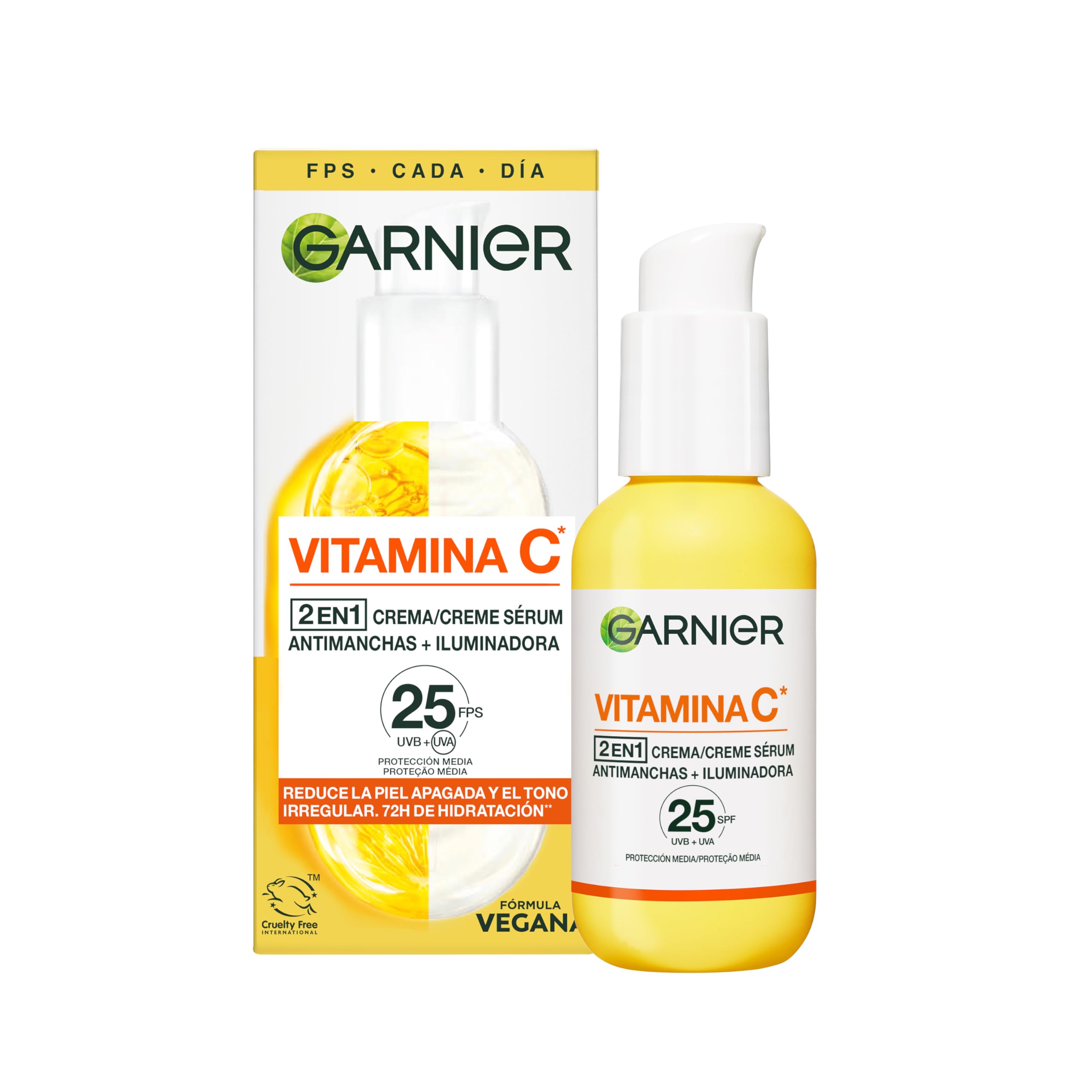 Garnier SkinActive Vitamina C 2 en 1 Crema Sérum Antimanchas Iluminadora FPS 25. Reduce manchas oscuras y corrige el tono irregular con 72 h de hidratación. Protección Media FPS25, 50 ml