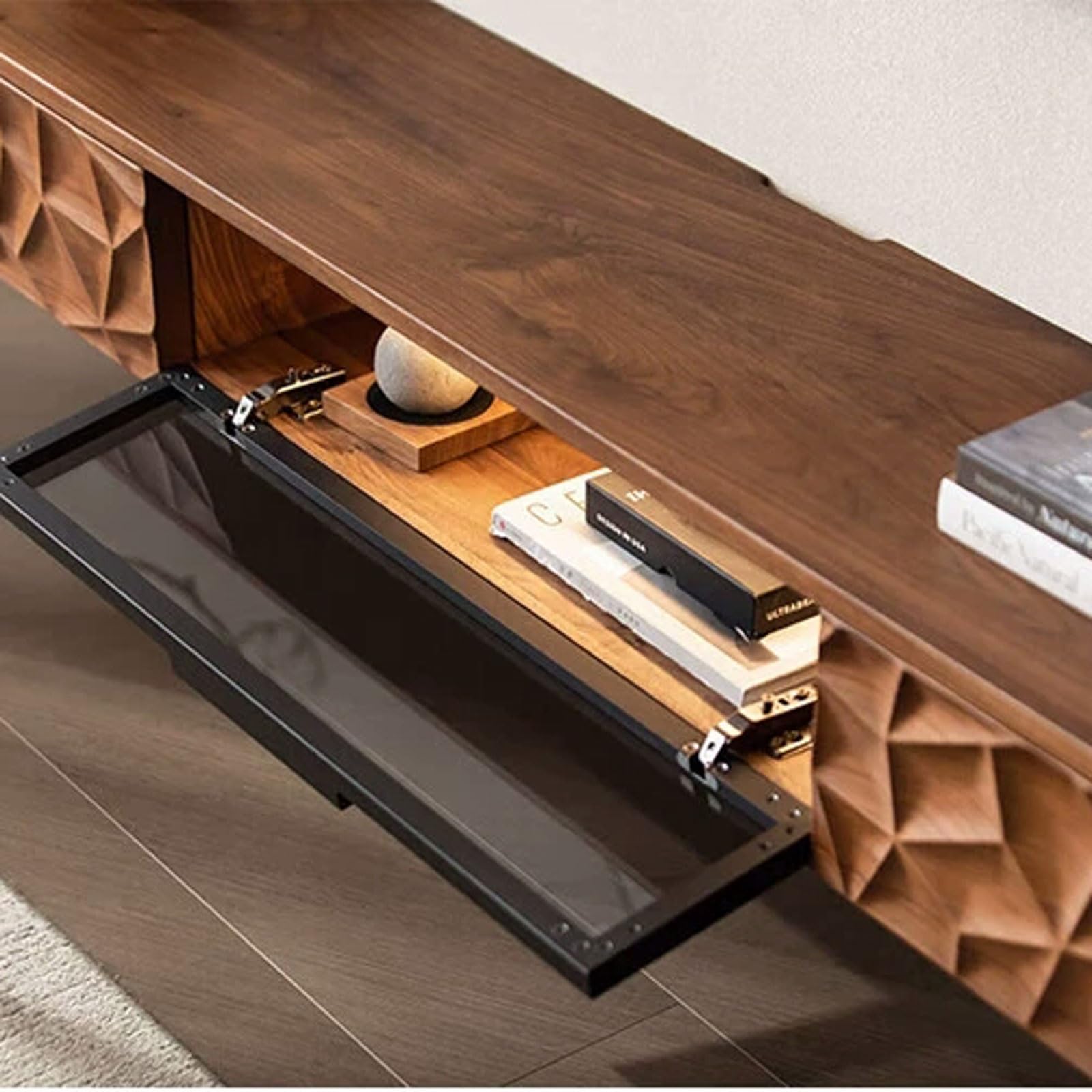Moderne Wandhalterung, schwimmende TV-Konsole, schwarzes Walnussholz, schwimmendes TV-Regal, 70 Zoll / 78 Zoll, Entertainment-Media-Regal, TV-Wandeinheit mit 2 Schubladen und 1 Tür, für Schlafzimmer,
