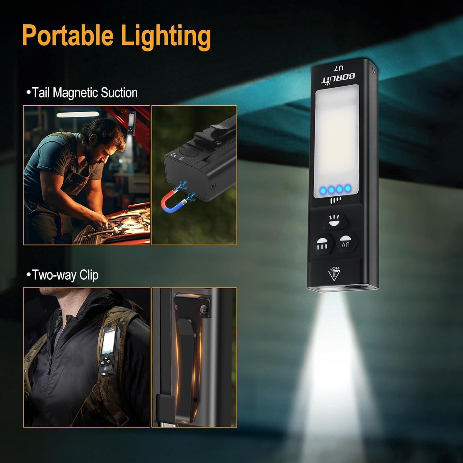 BORUIT U7 Flat Flashlight with 365nm UV, RGB Side Light, Magnetic, Clip image 4